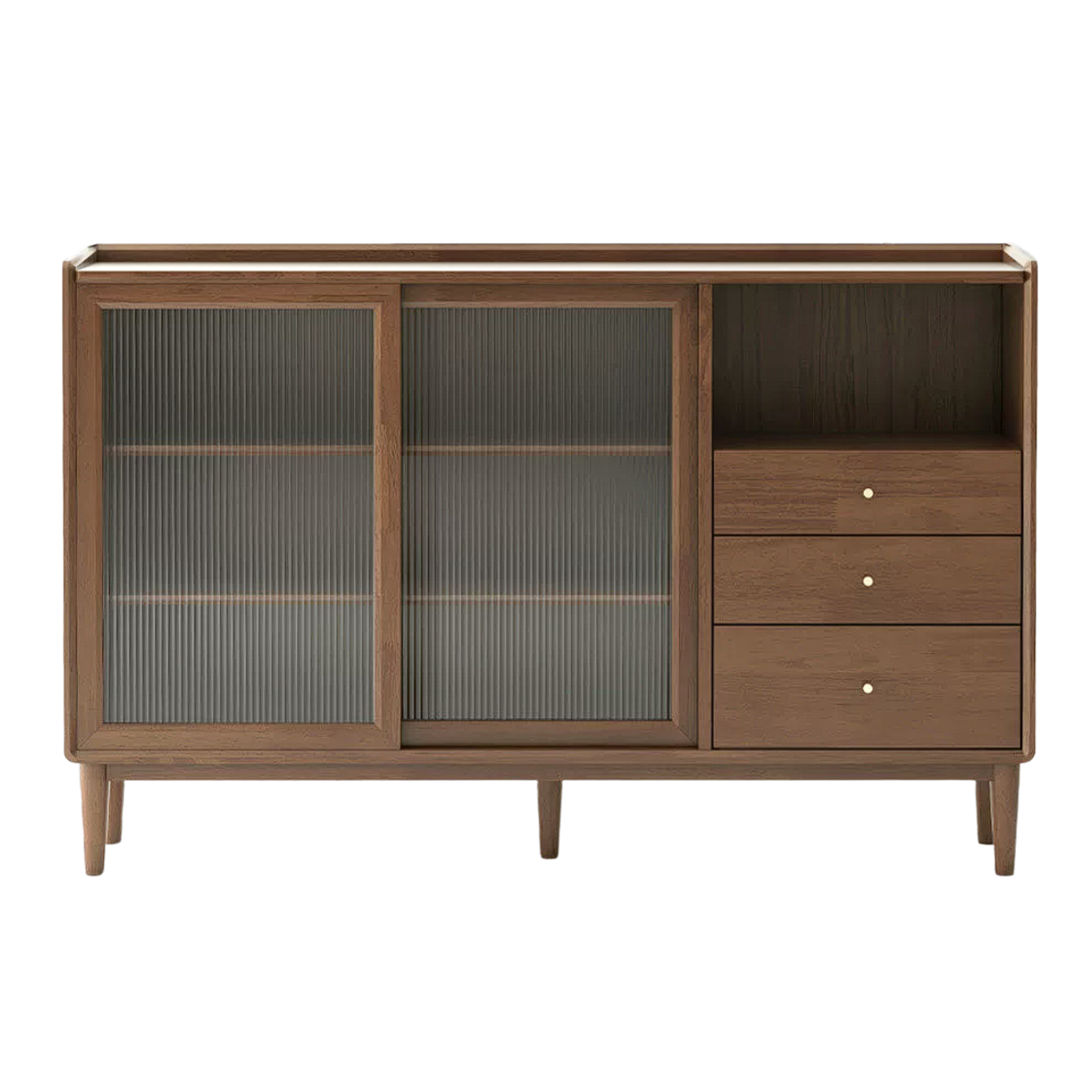 Black Walnut, Oak, Rubberwood Solid Wood Sideboard with Fluted Glass Sliding Doors
