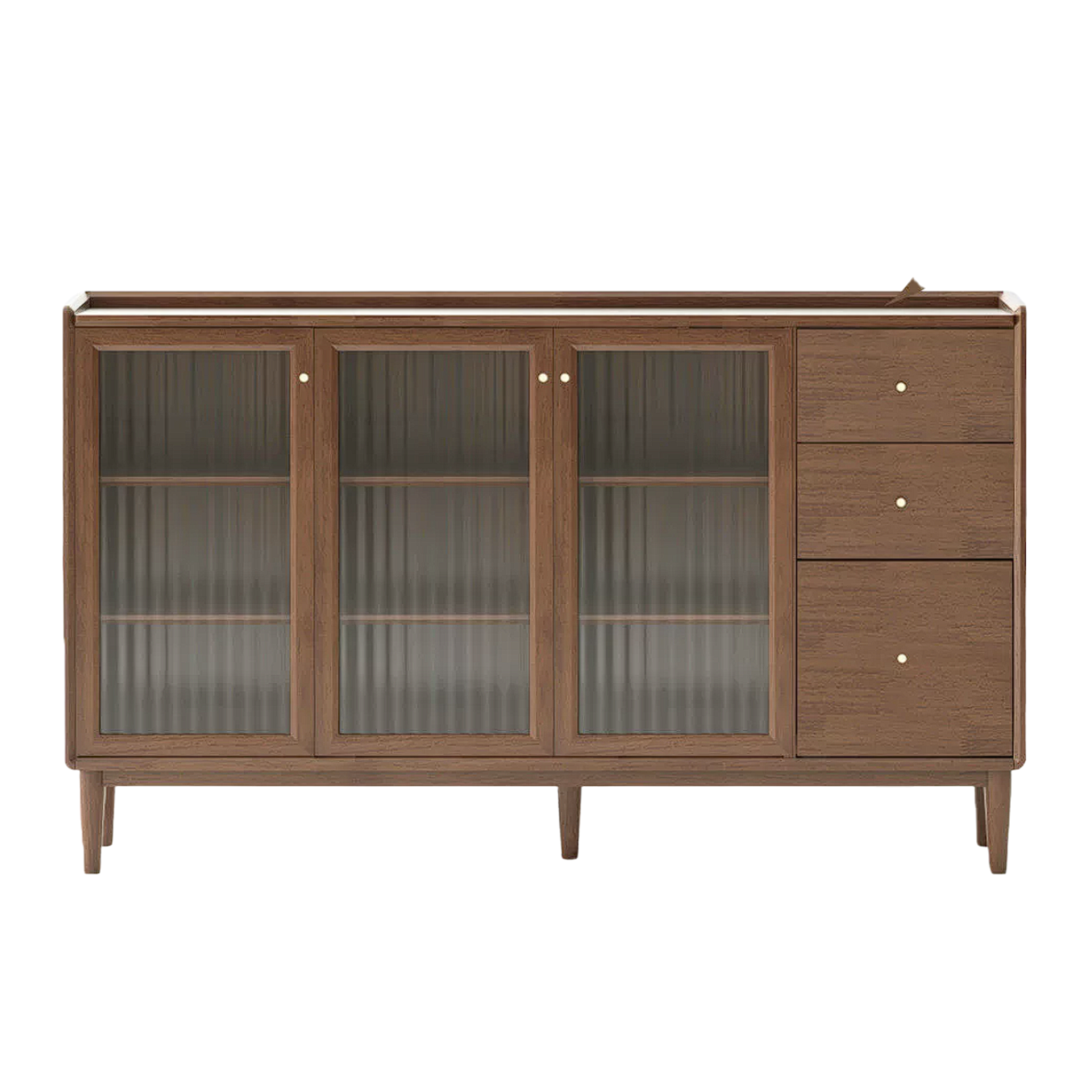 Black Walnut, Oak, Rubberwood Solid Wood Sideboard with Fluted Glass Sliding Doors