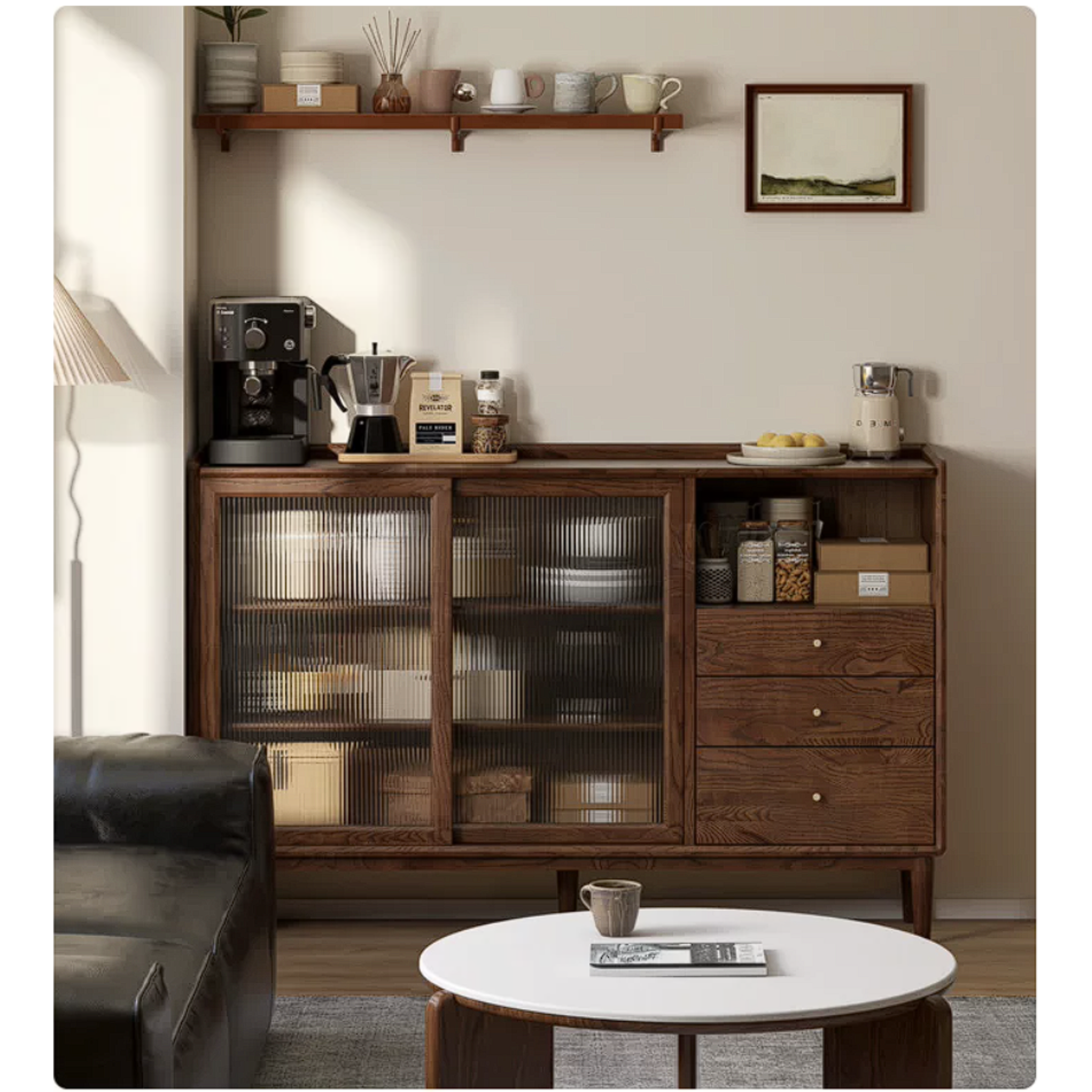 Black Walnut, Oak, Rubberwood Solid Wood Sideboard with Fluted Glass Sliding Doors