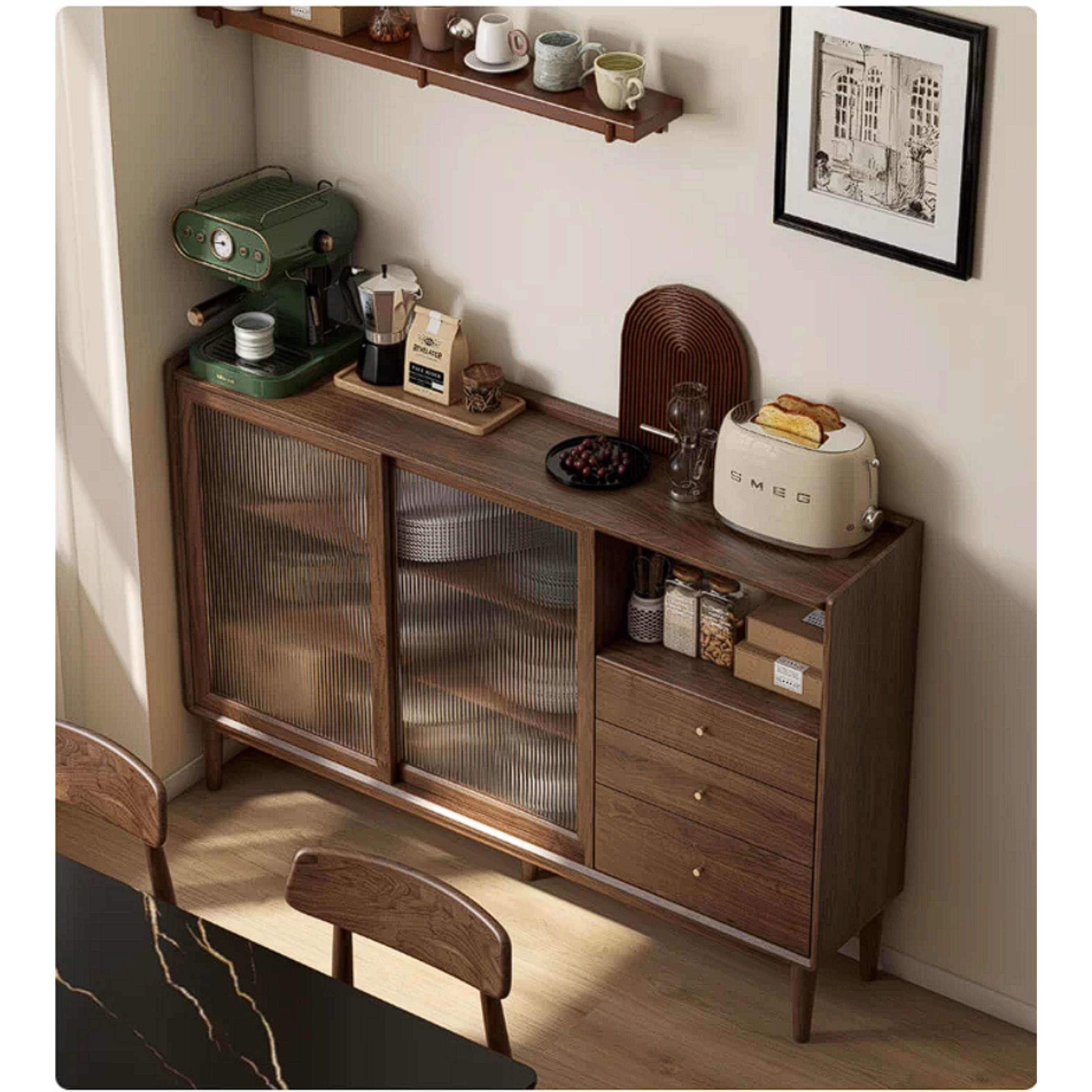 Black Walnut, Oak, Rubberwood Solid Wood Sideboard with Fluted Glass Sliding Doors