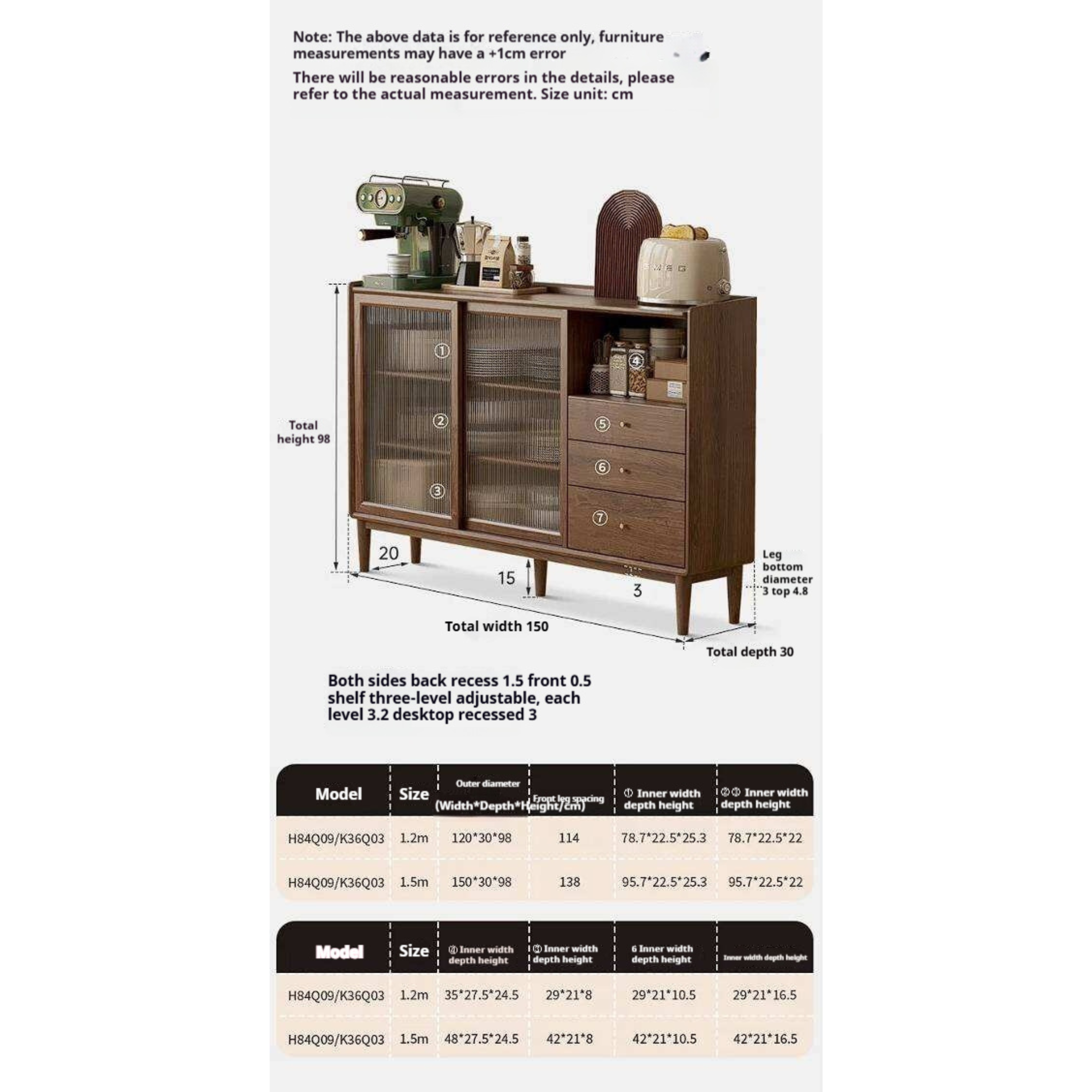 Black Walnut, Oak, Rubberwood Solid Wood Sideboard with Fluted Glass Sliding Doors