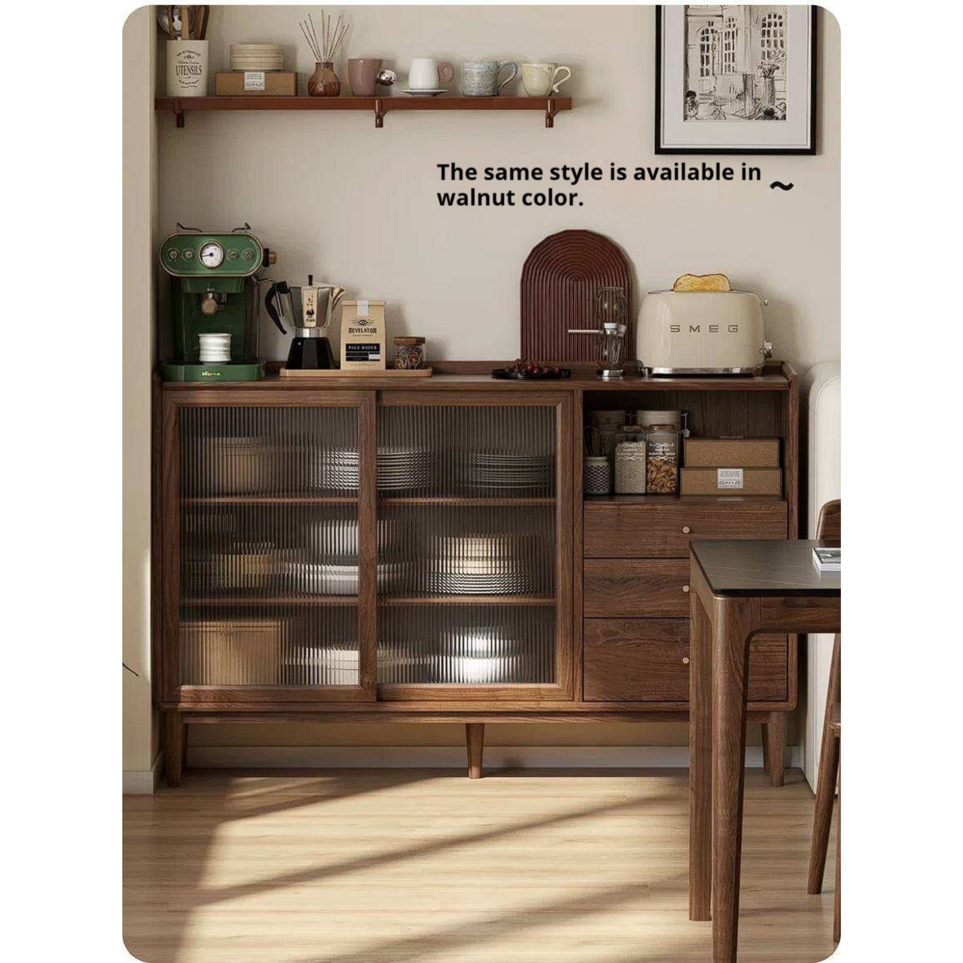 Black Walnut, Oak, Rubberwood Solid Wood Sideboard with Fluted Glass Sliding Doors