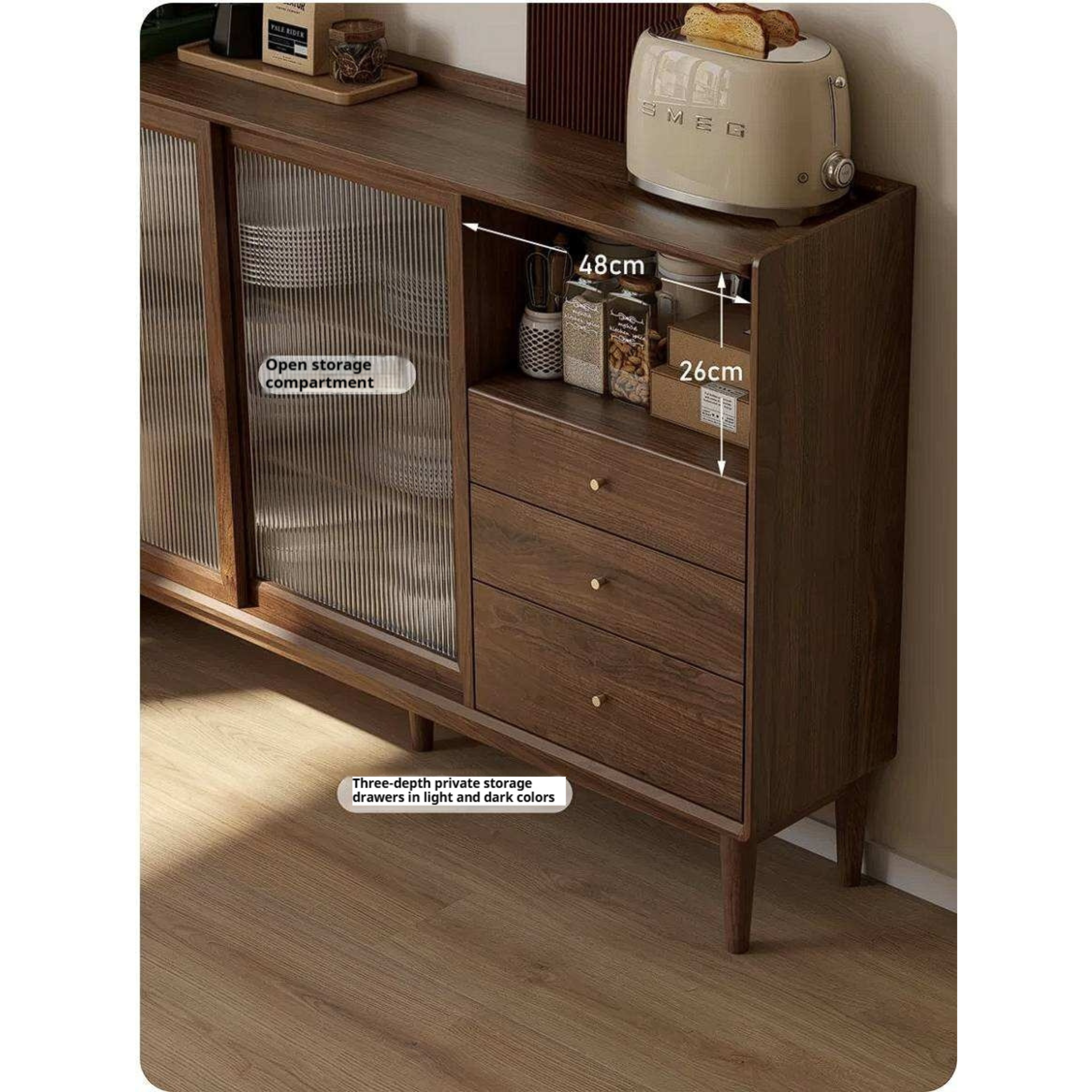 Black Walnut, Oak, Rubberwood Solid Wood Sideboard with Fluted Glass Sliding Doors