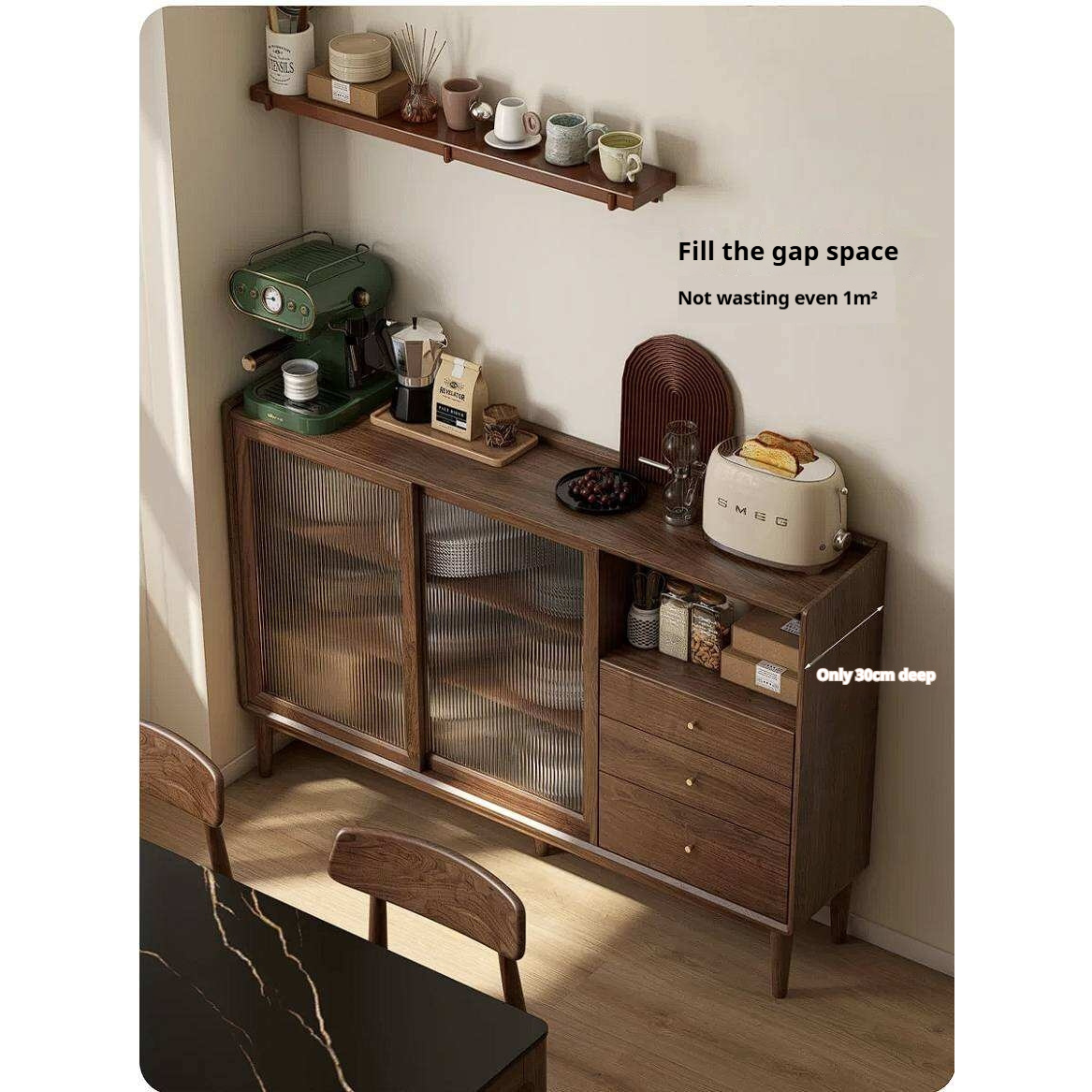 Black Walnut, Oak, Rubberwood Solid Wood Sideboard with Fluted Glass Sliding Doors