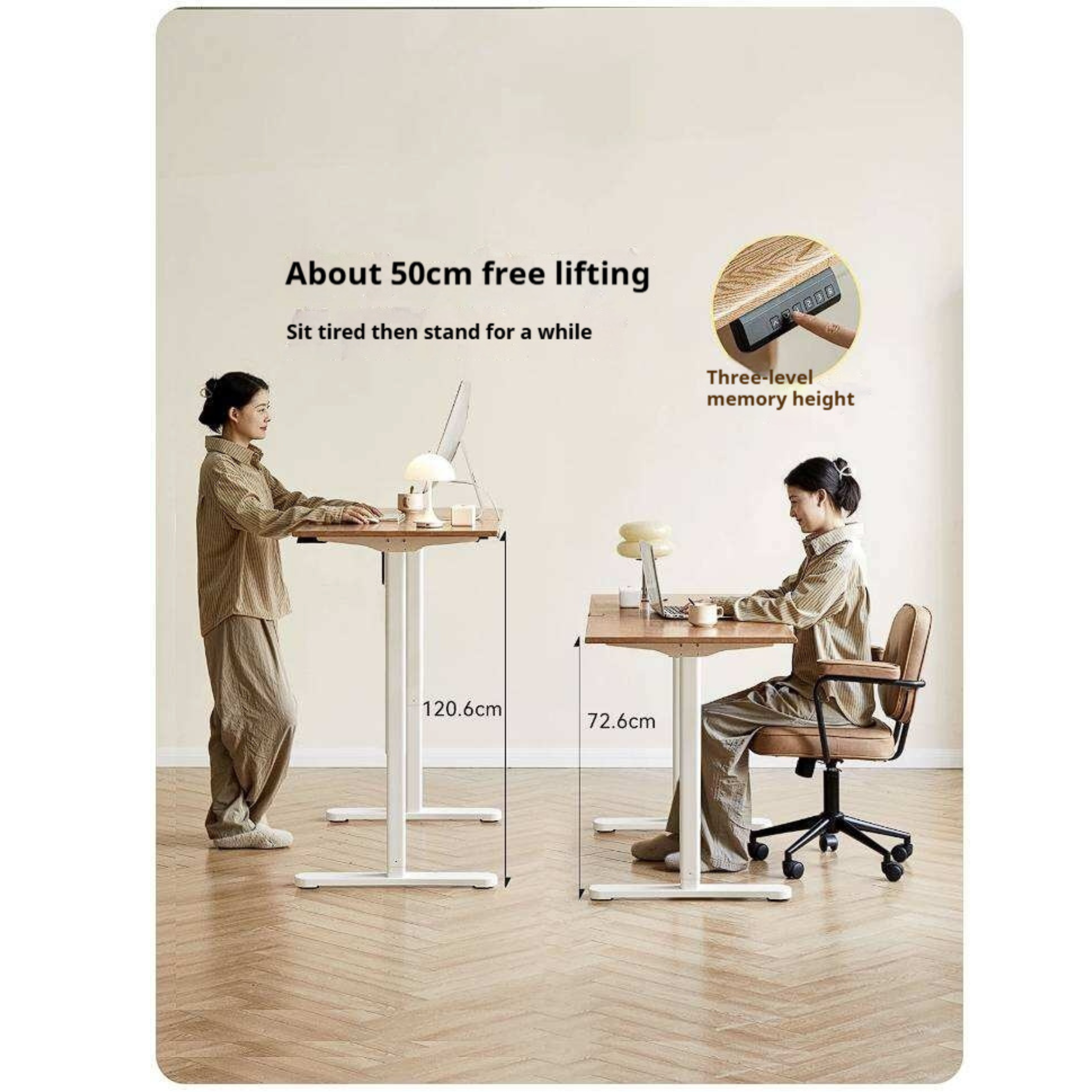 Oak Solid Wood, Rubberwood Electric Height Adjustable Standing Desk with Memory Presets