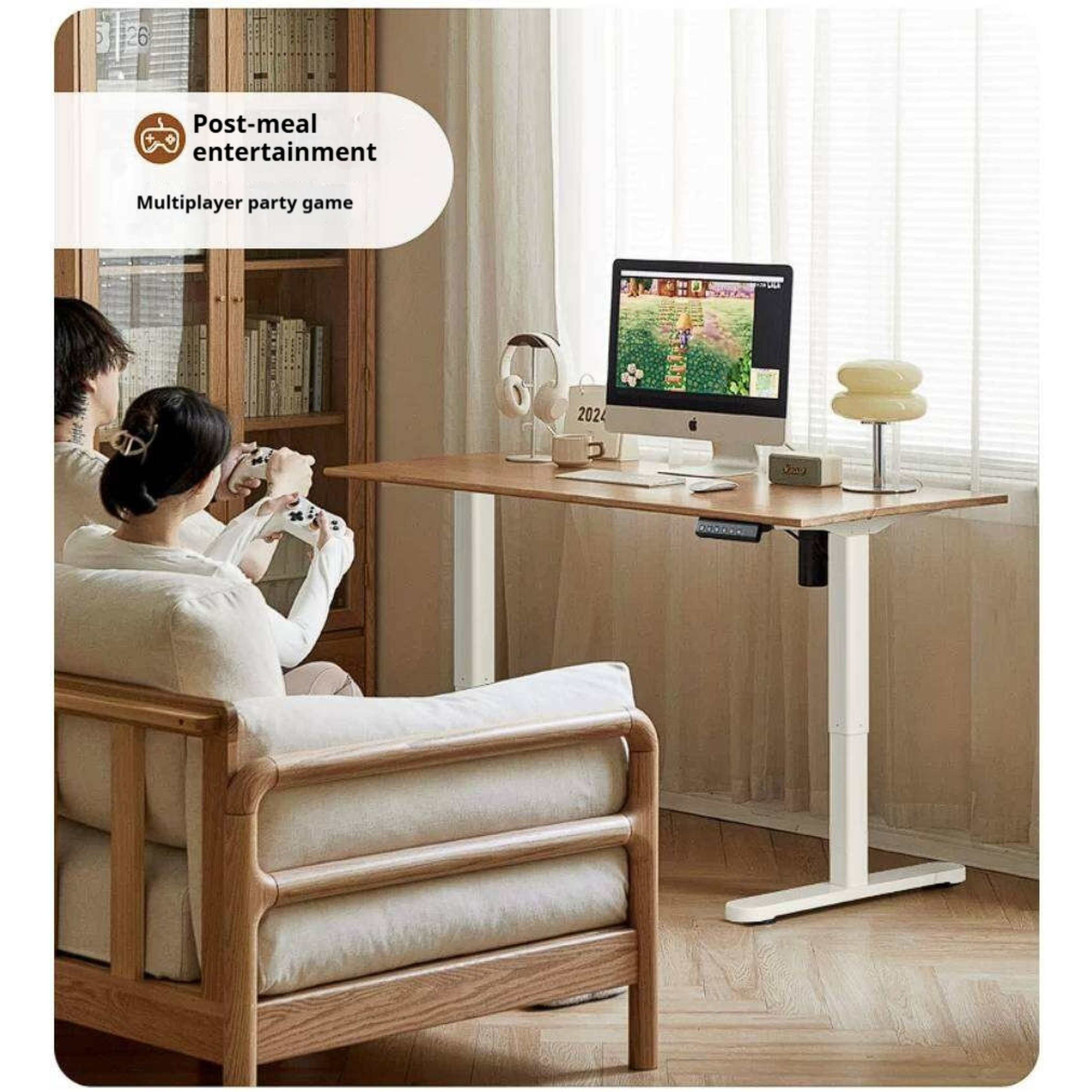 Oak Solid Wood, Rubberwood Electric Height Adjustable Standing Desk with Memory Presets