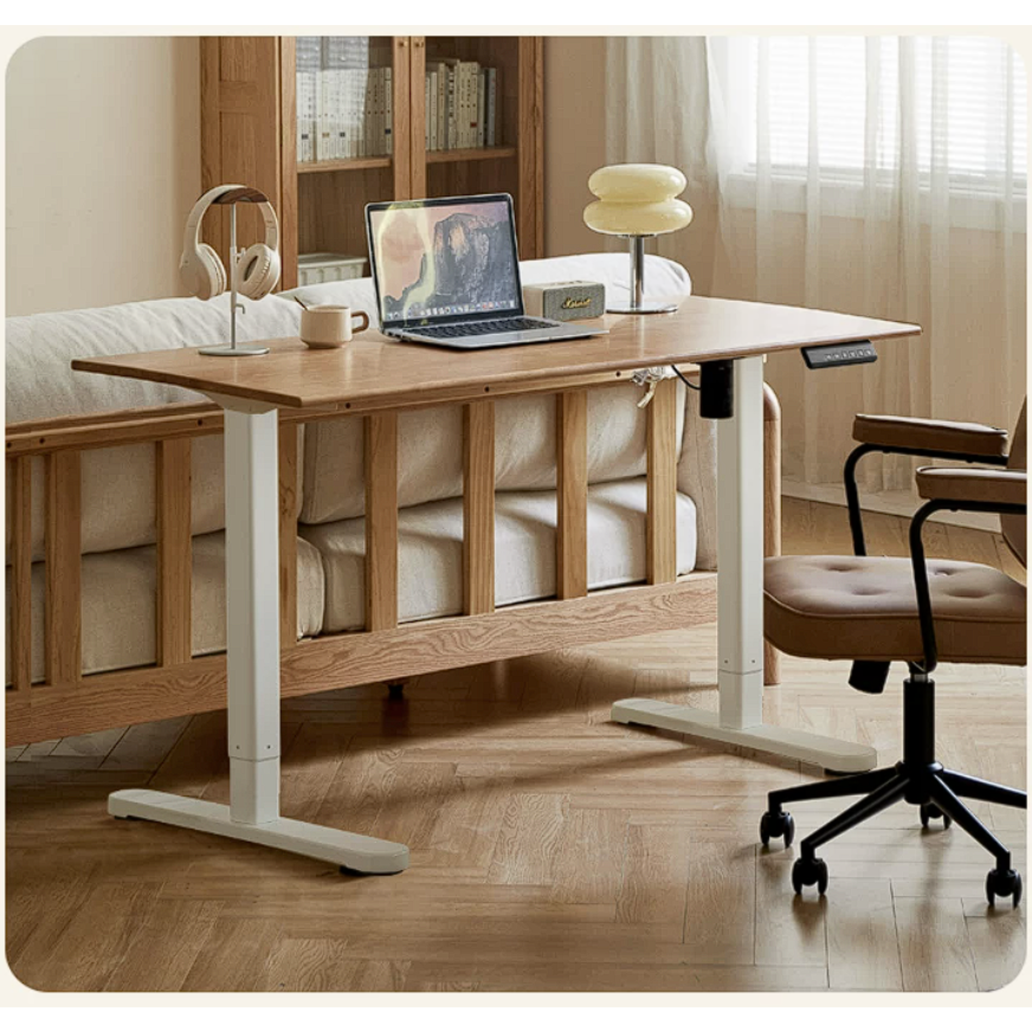 Oak Solid Wood, Rubberwood Electric Height Adjustable Standing Desk with Memory Presets