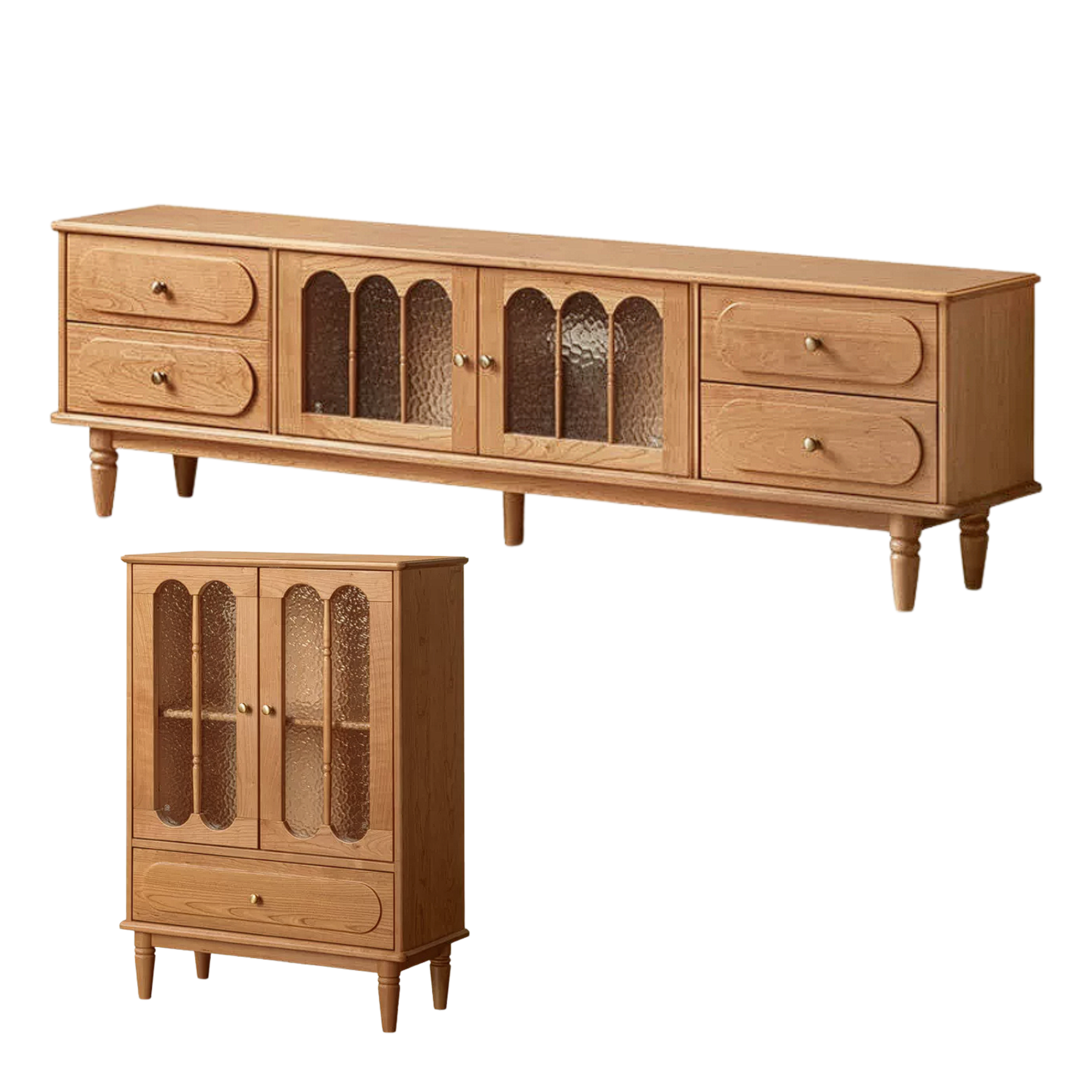 Cherry Solid Wood Side Cabinet with Glass Panels and Storage Shelves