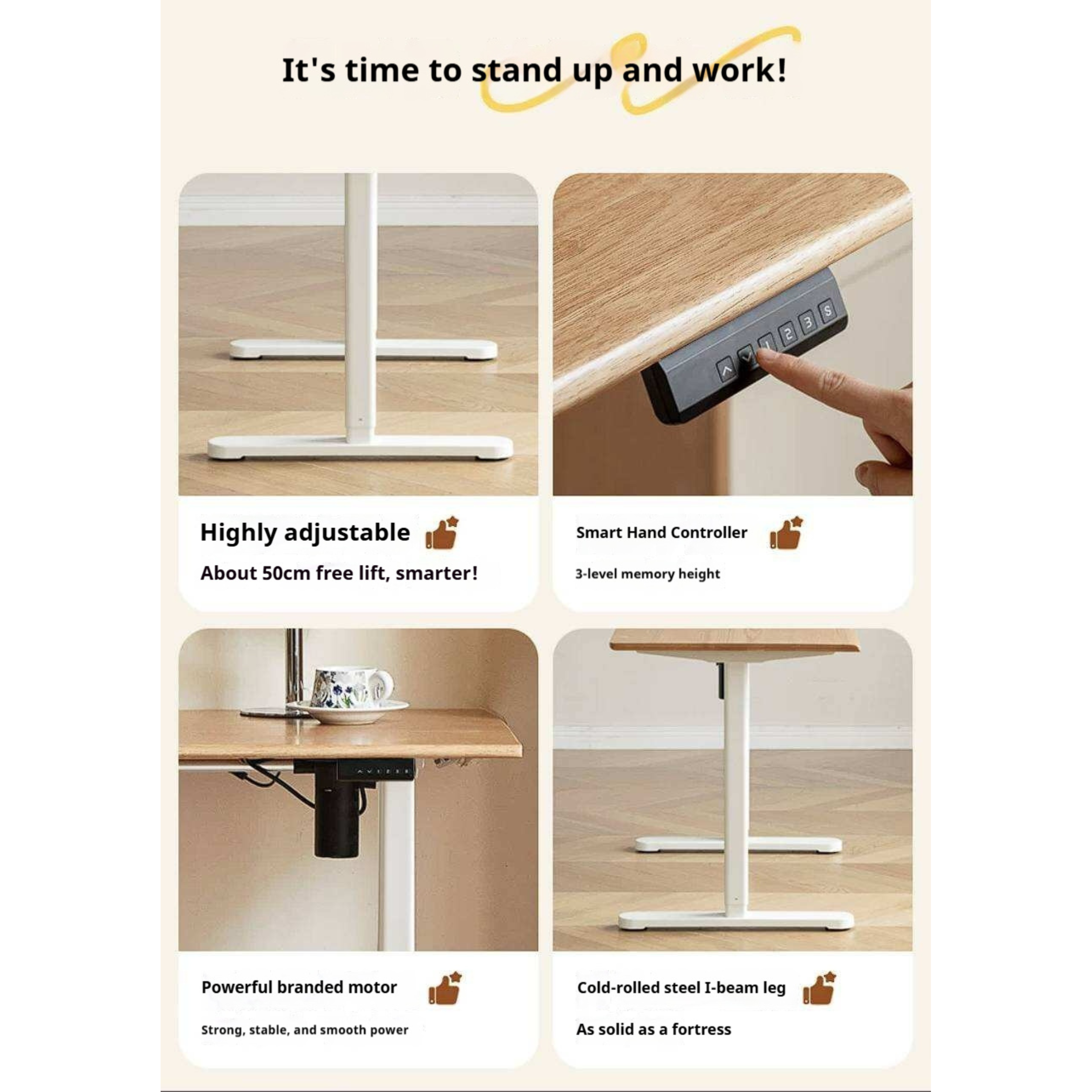 Oak Solid Wood, Rubberwood Electric Height Adjustable Standing Desk with Memory Presets