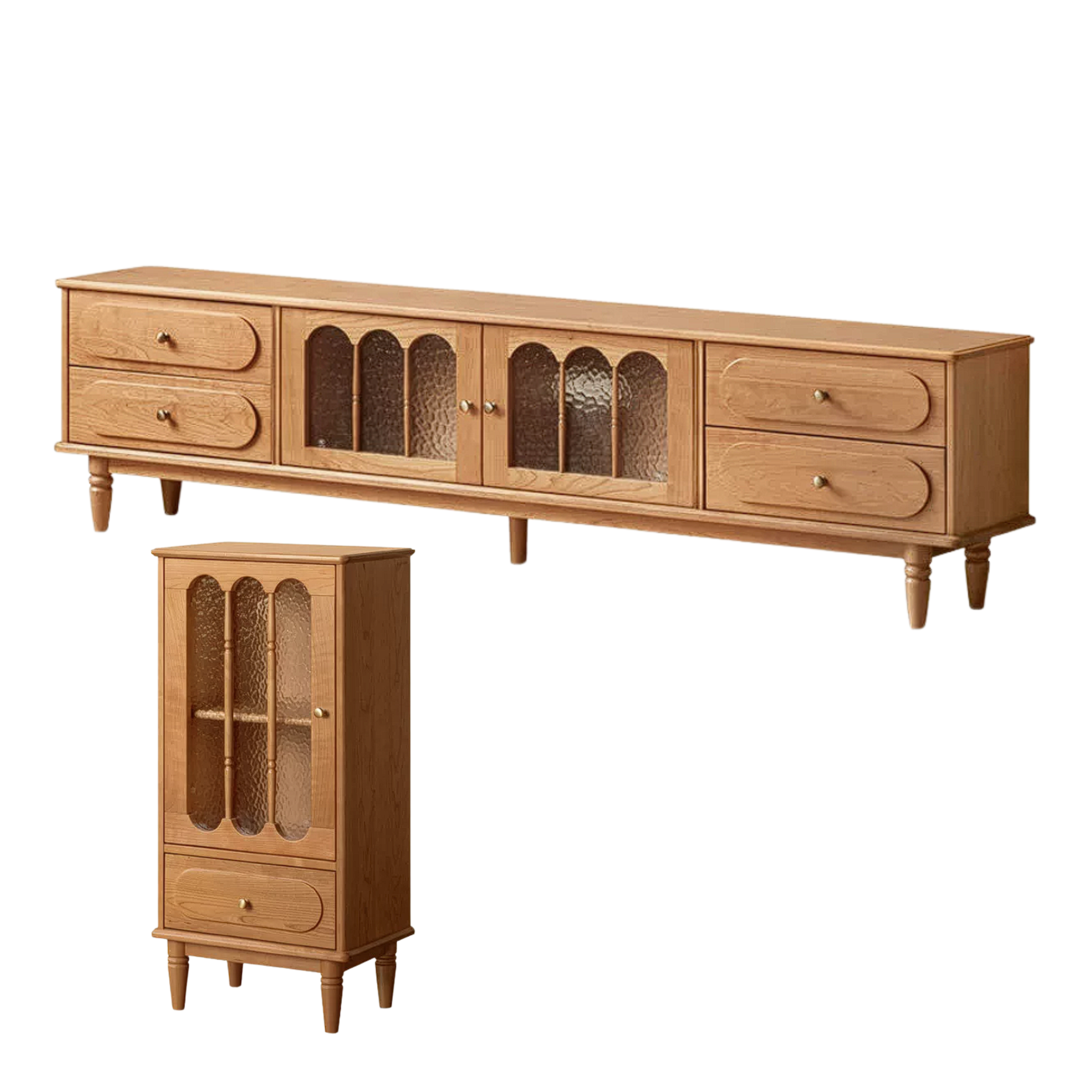 Cherry Solid Wood Side Cabinet with Glass Panels and Storage Shelves