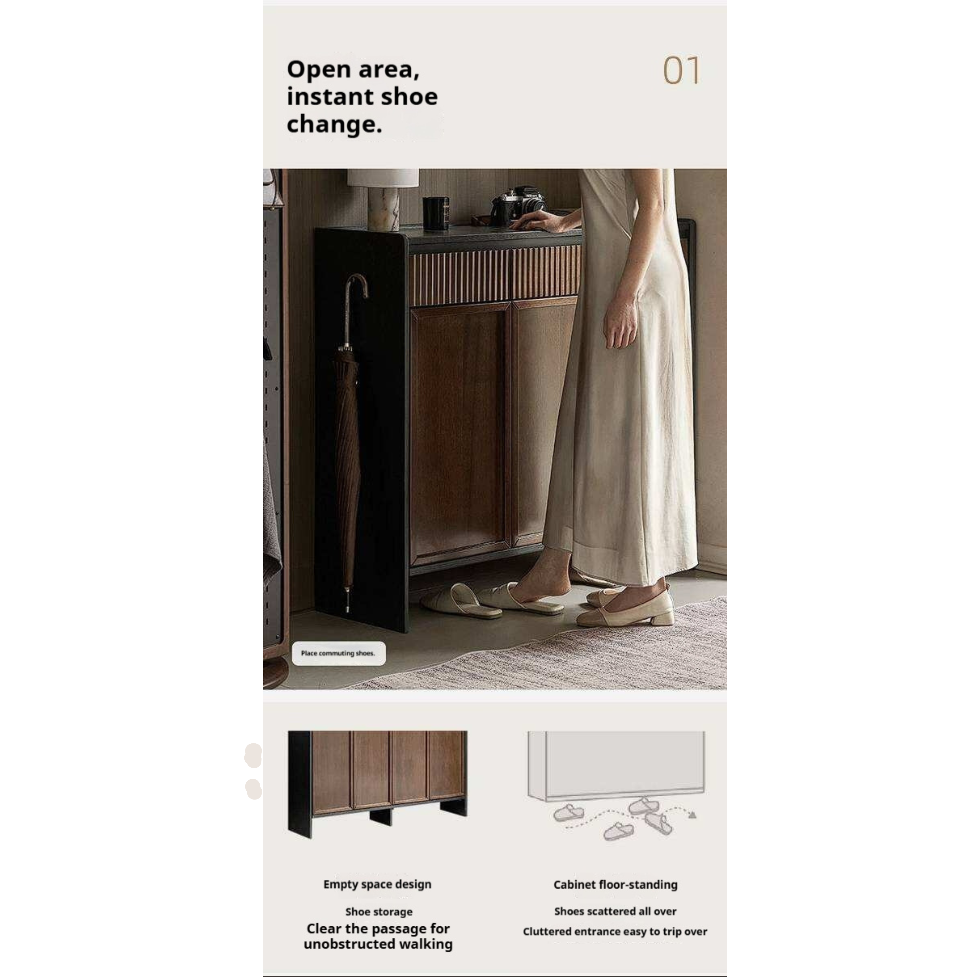Oak Solid Wood Shoe Cabinet with Elegant Entrance Hall Style