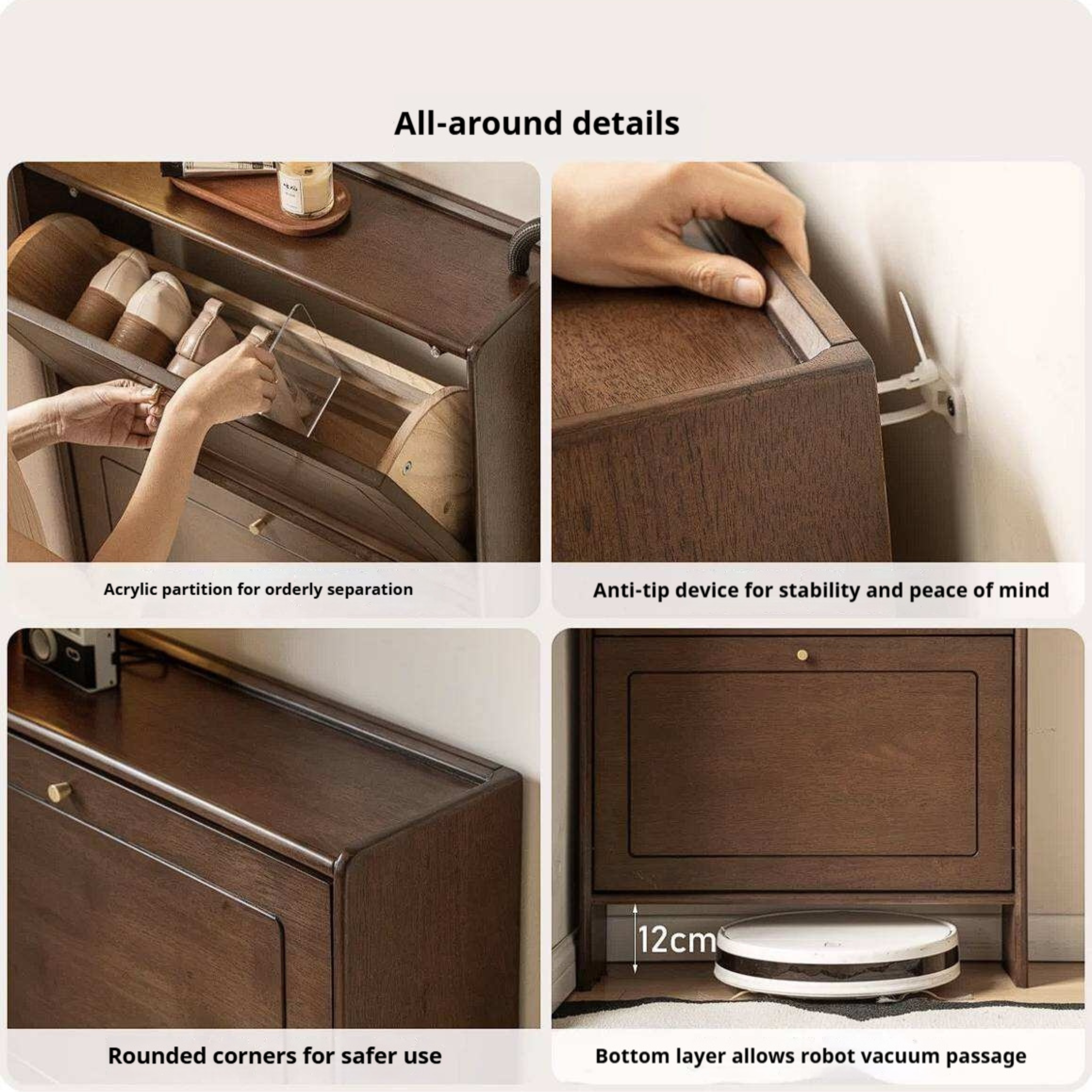 Rubberwood Solid Wood Shoe Cabinet with Space Saving Flip Storage