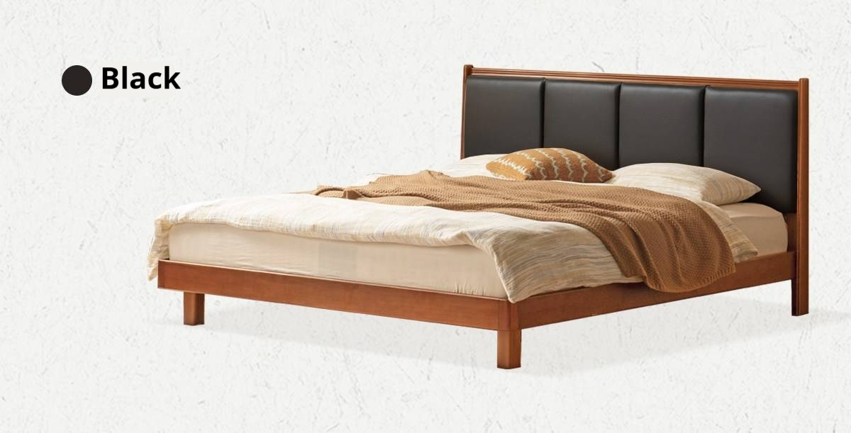 Poplar Solid Wood Mid-Century Piano Key Bed with Leather Upholstered Headboard