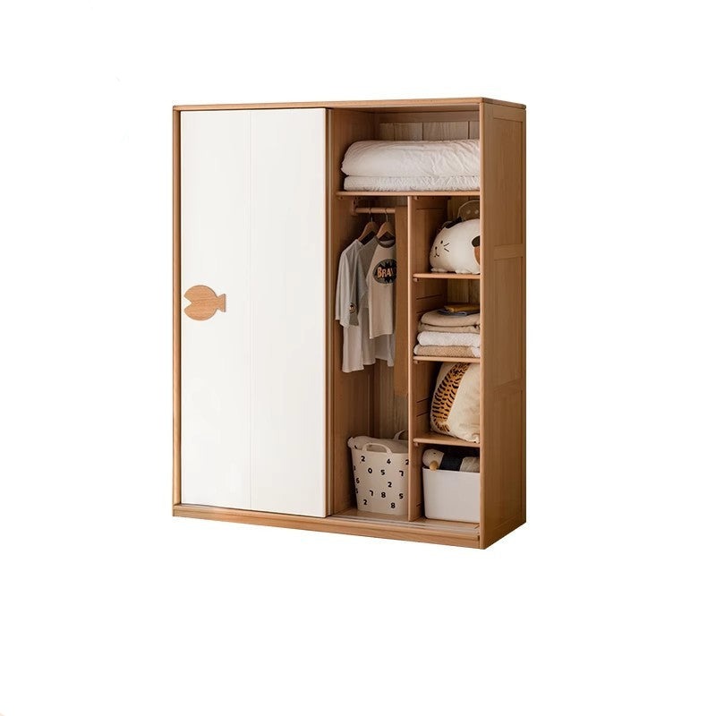 Oak Solid Wood Children's Sliding Door Wardrobe Storage Cabinet