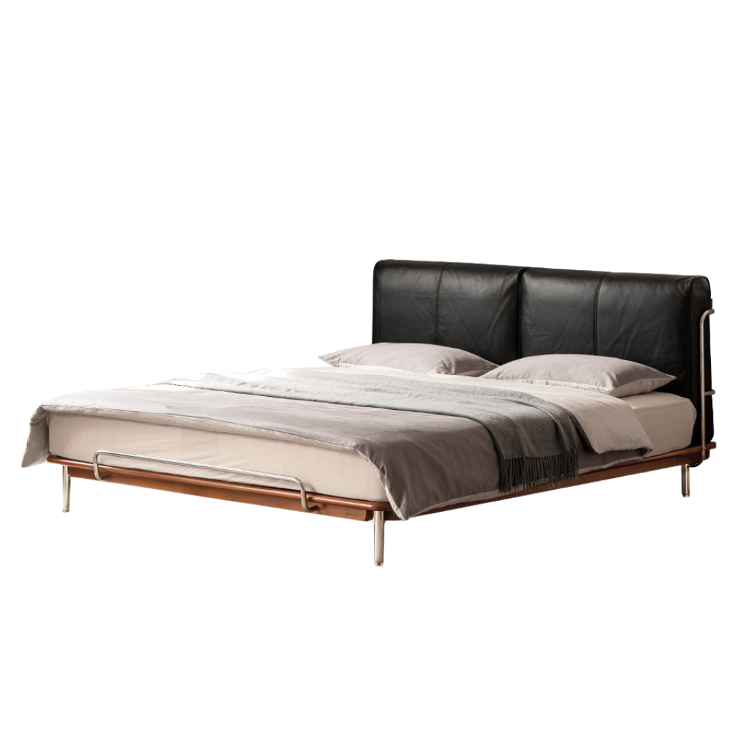 Genuine Leather Bauhaus Style Double Bed with Top Grain Cowhide Soft Backrest