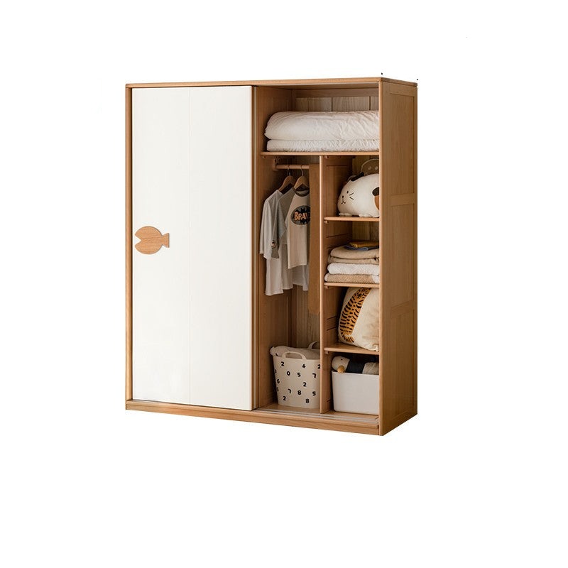 Oak Solid Wood Children's Sliding Door Wardrobe Storage Cabinet