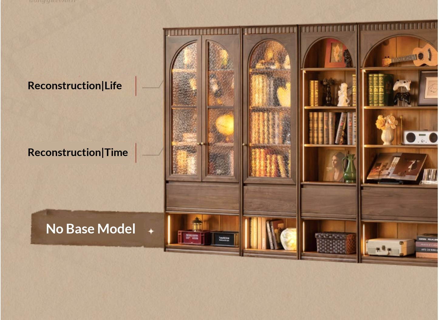 Black Walnut, Solid Sandalwood Arched Vintage Bookcase with Glass Door and Storage Drawer