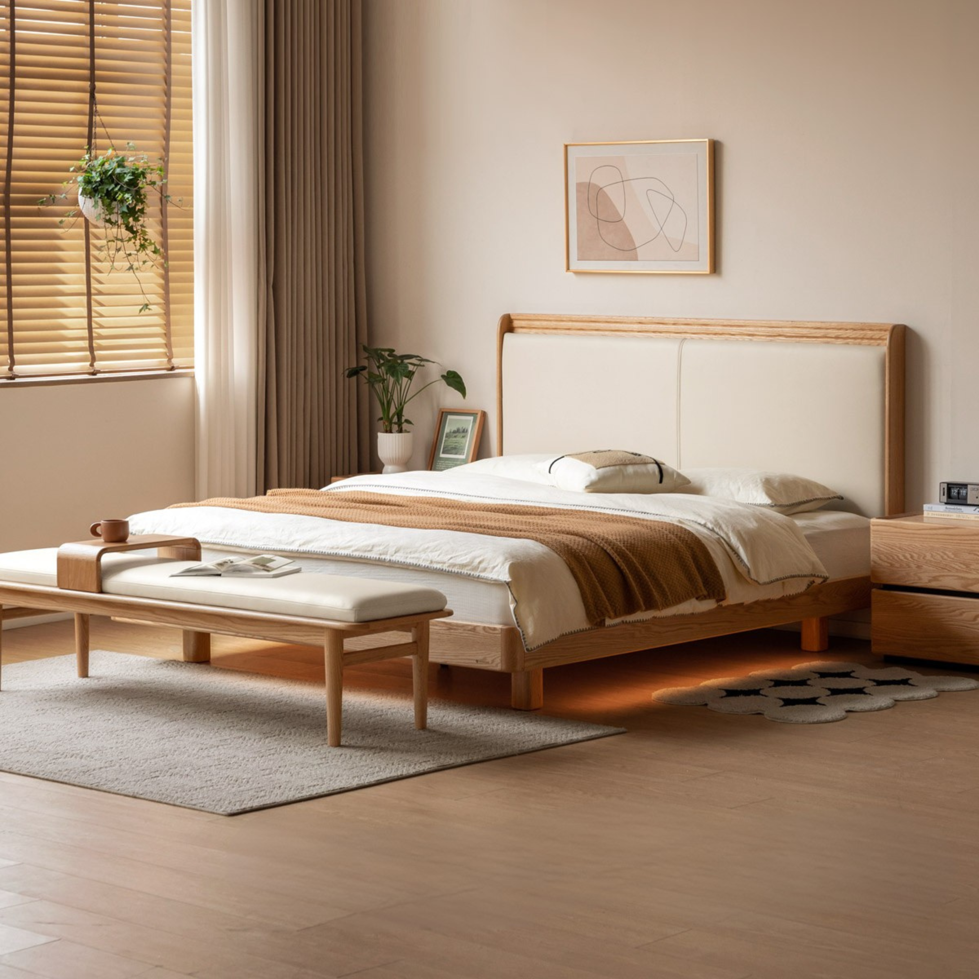 Black Walnut Solid Wood Luxury Leather With Light Bed