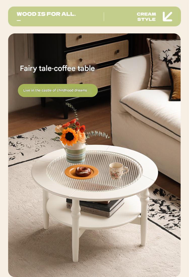 Rubber Solid Wood French Cream Style Glass Coffee Table