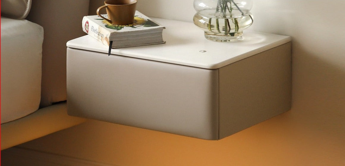 Organic Leather Wall Mounted Cream Rock Board Floating Nightstand:
