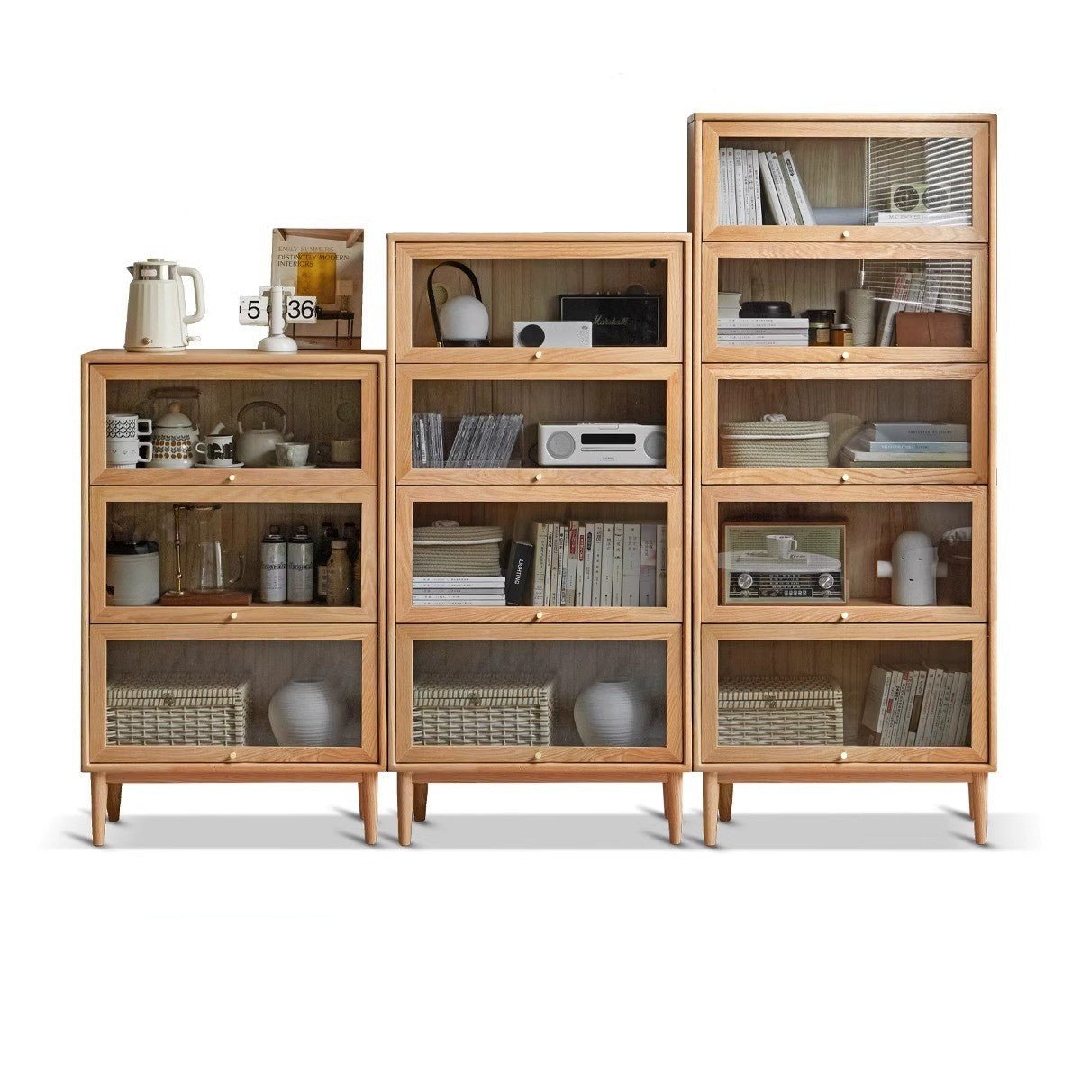 Solid Rubberwood, Oak Solid Wood Multi layer Flip Door Glass Bookcase