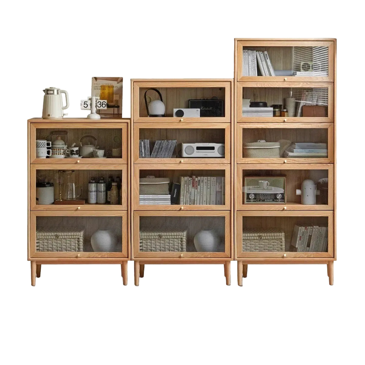 Solid Rubberwood, Oak Solid Wood Multi layer Flip Door Glass Bookcase
