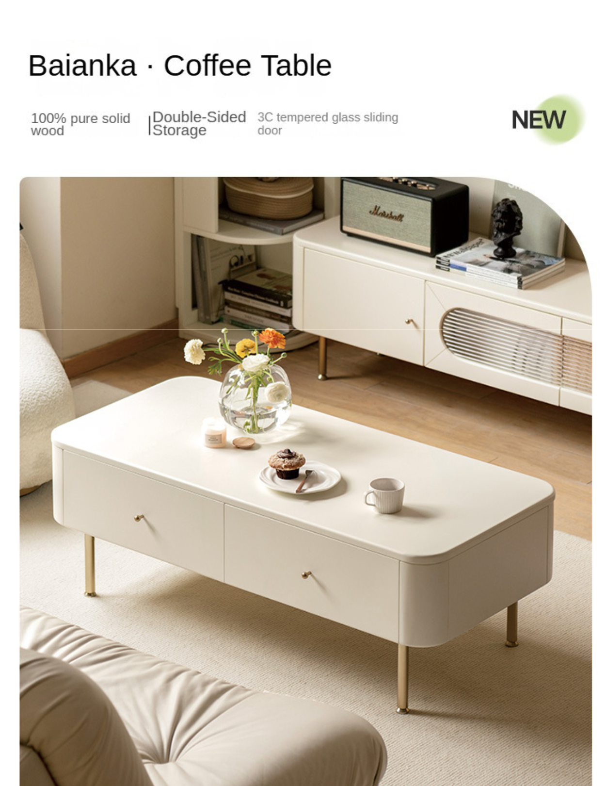 Poplar Solid Wood Modern White Storage Coffee Table