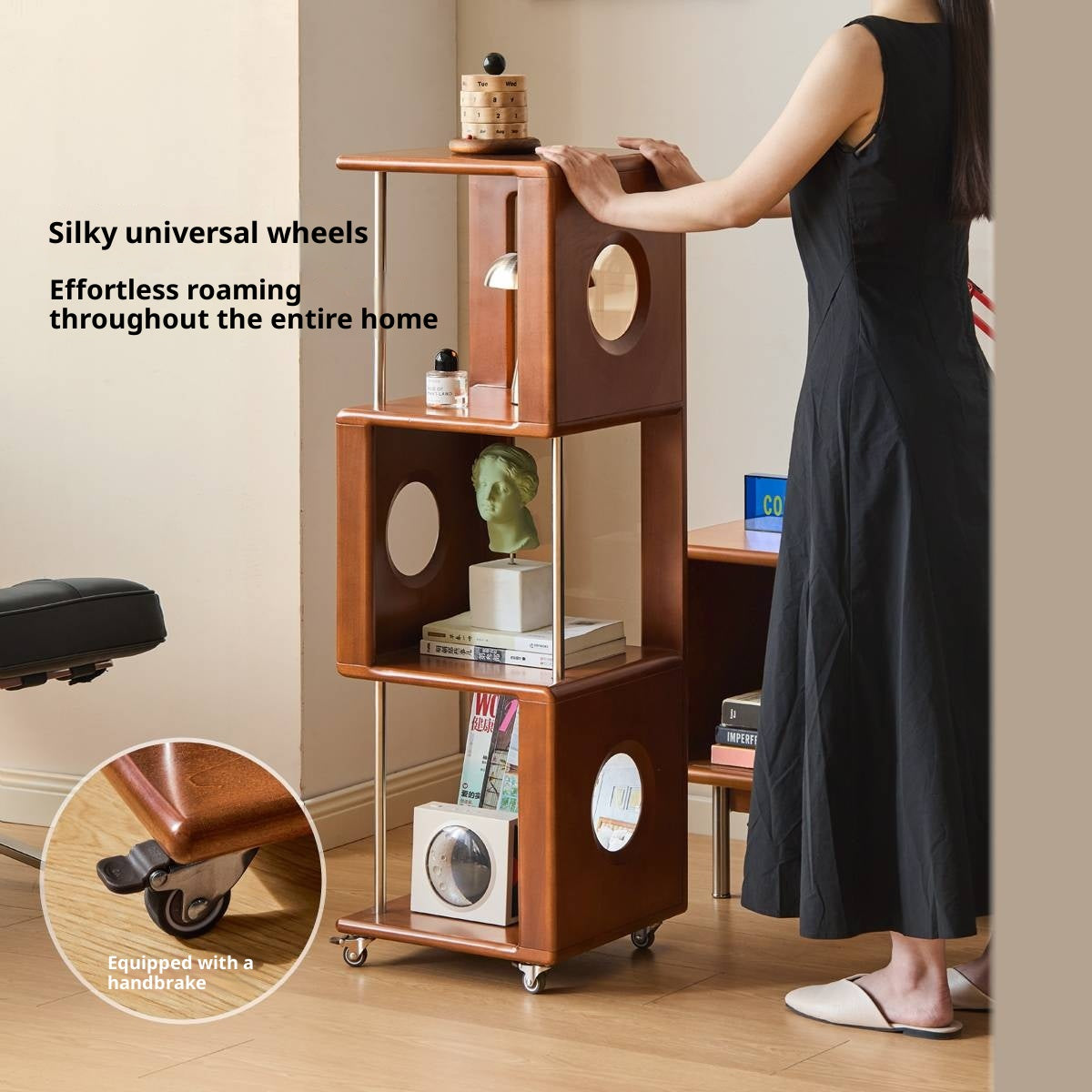 Poplar Solid Wood Vintage Style Mobile Bookshelf