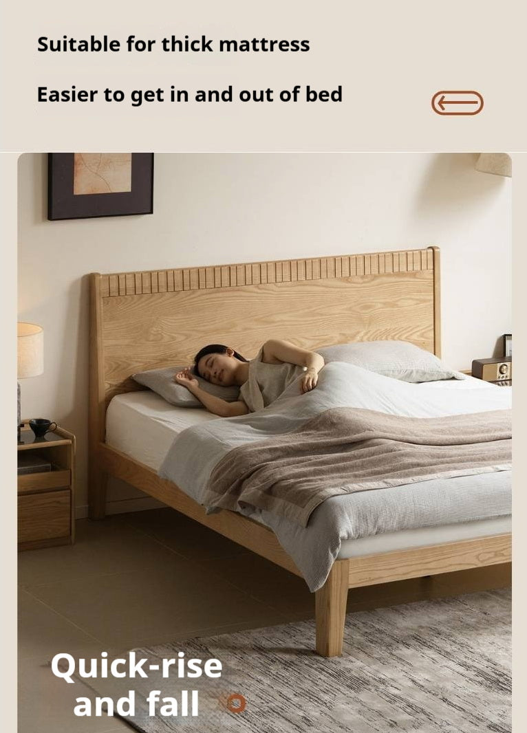 Ash Solid Wood Modern Minimalist Bed with Grooved Headboard and High Under-Bed Clearance