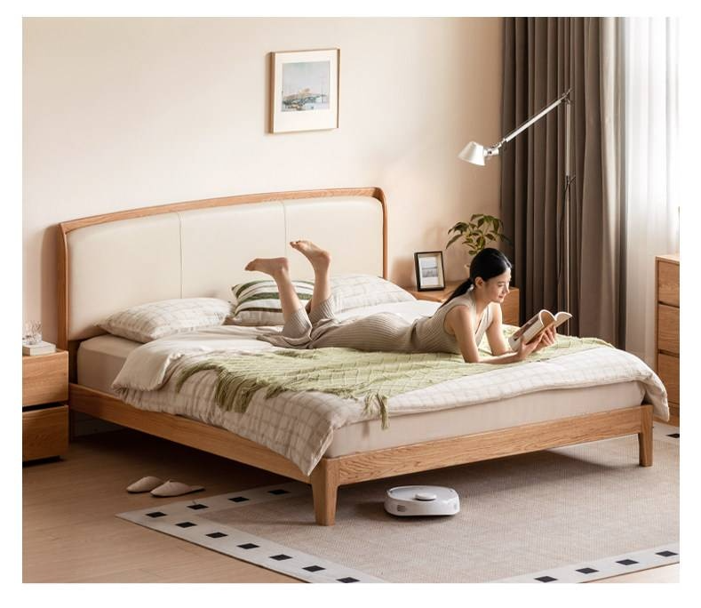 Oak Solid Wood Bed — Modern Minimalist, Genuine Leather Upholstered Bed