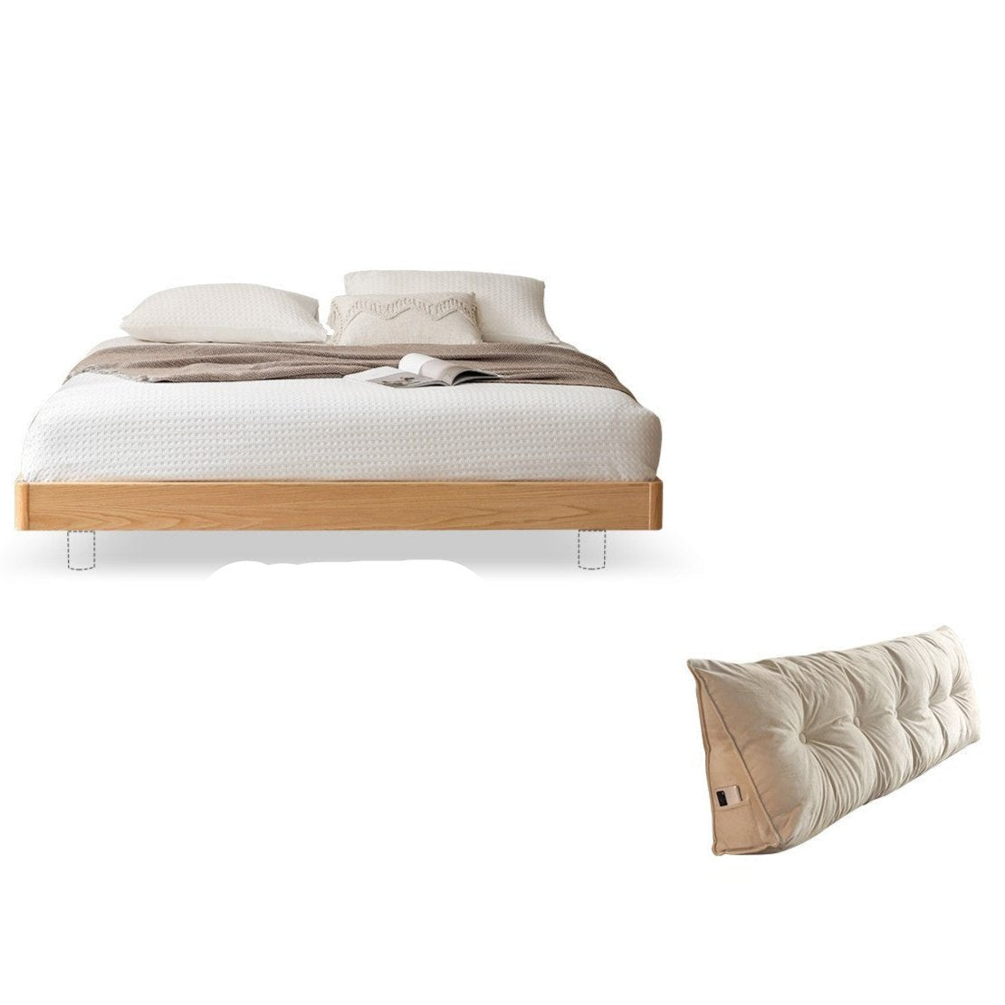 Oak, Beech Solid wood modern platform bed, headboard-free suspended bed with light