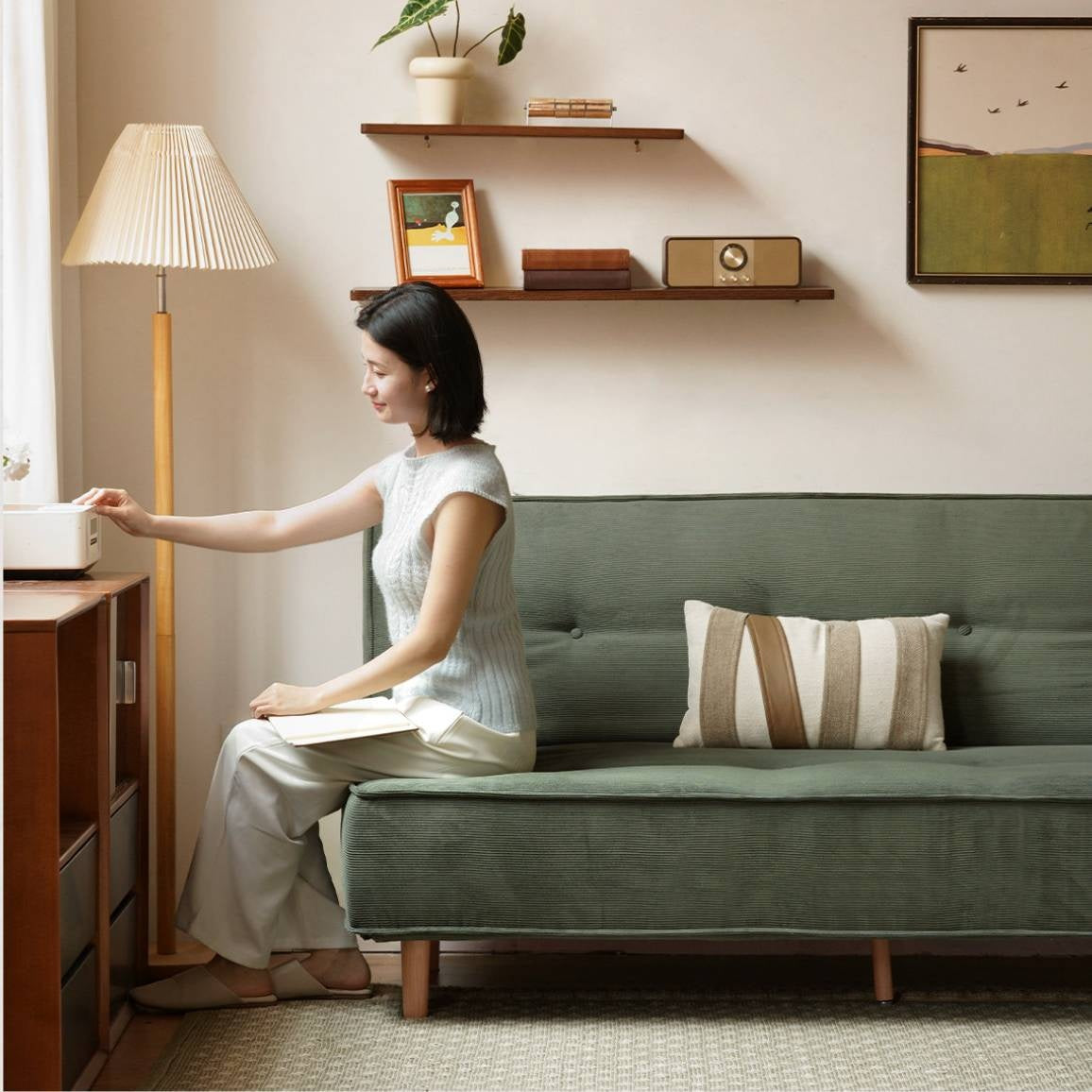 Armless Corduroy Futon Sofa Bed with Adjustable Backrest