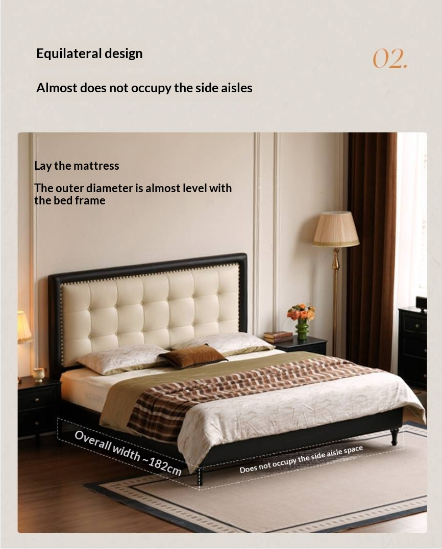 Luxury Genuine Leather Soft Headboard Bed, American Style Riveted Bed