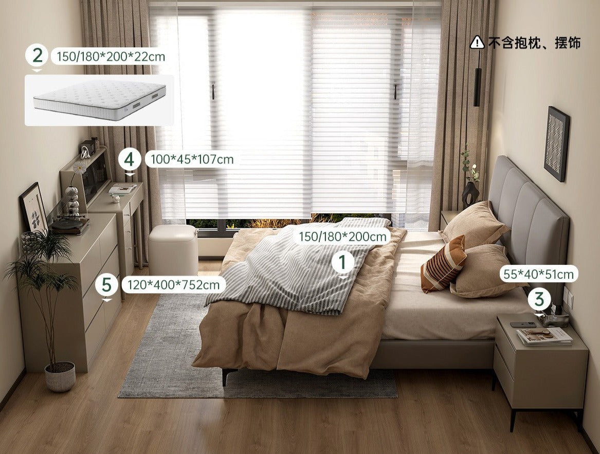Genuine Leather Cowhide Bed Light Luxury Style Bedroom Complete Set of Furniture.