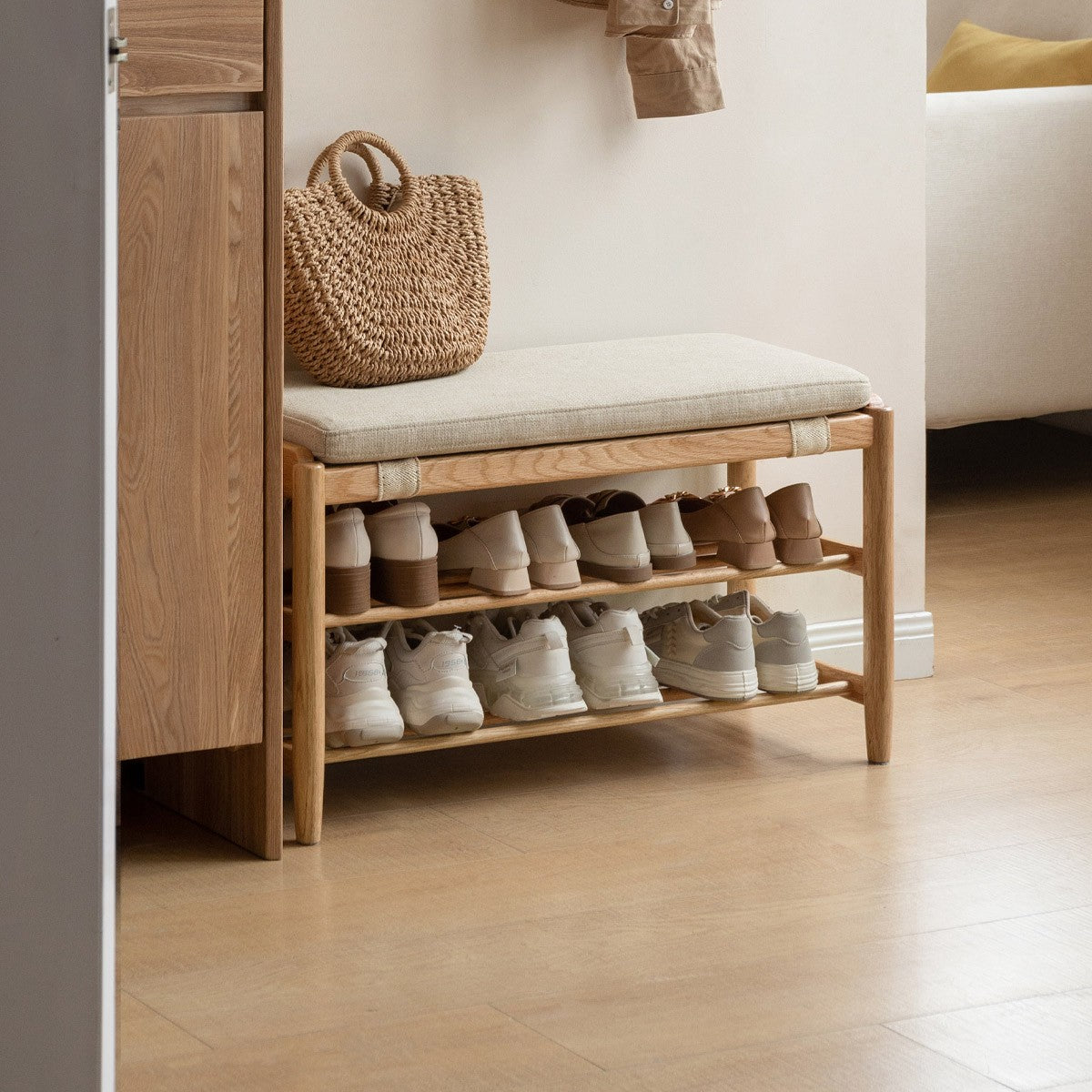 Oak Solid Wood, Solid Rubberwood Modern Shoe Changing Stool