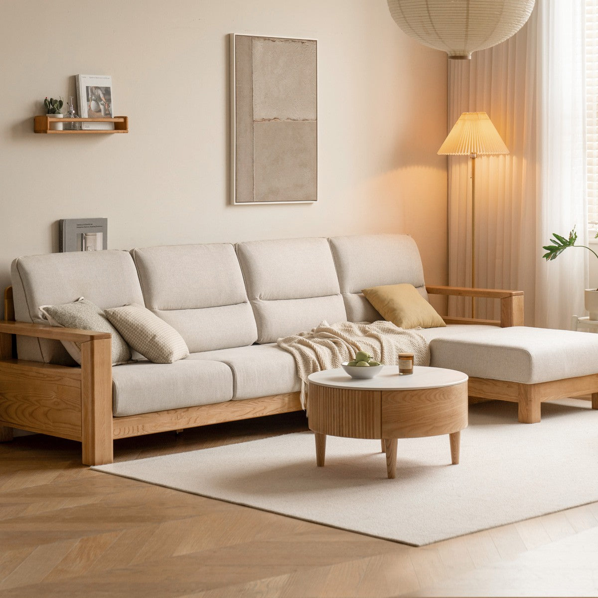 Ash, Black Walnut Solid Wood White Wax Fabric Sofa.