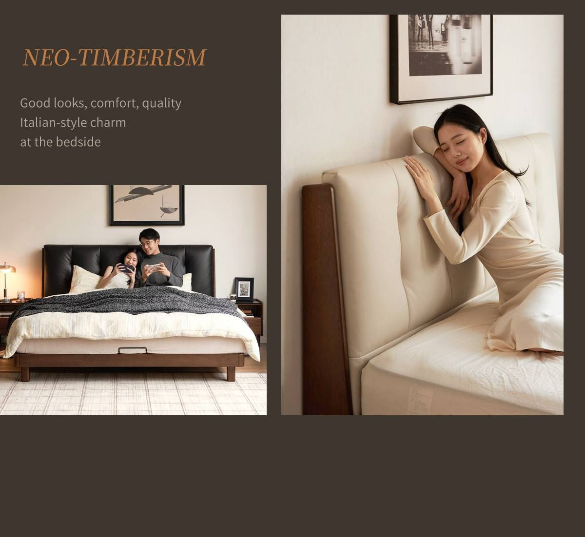 Rubberwood Solid Wood Italian Style Bed with Leather Headboard and Soft Goose Down Cushion