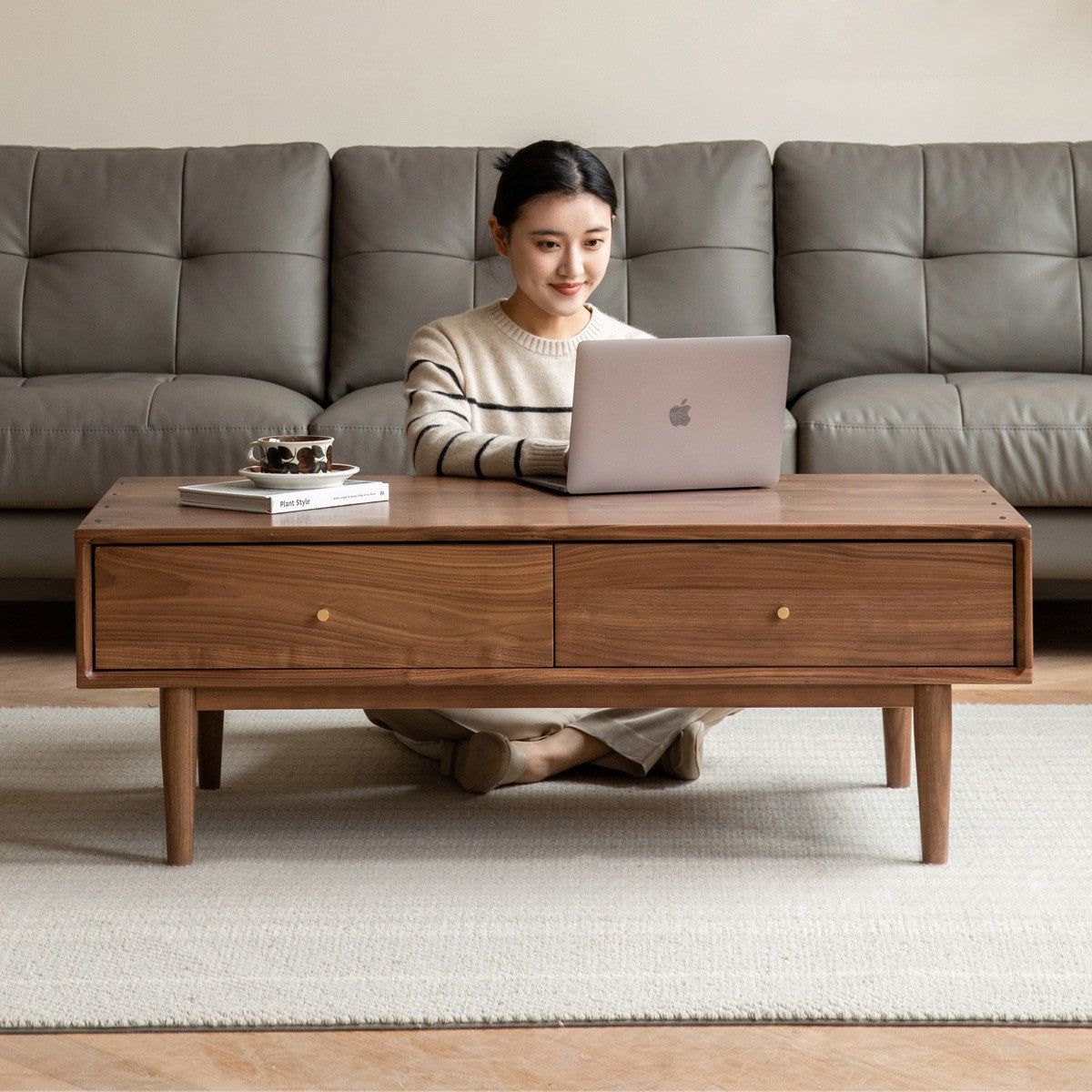 Black Walnut, Sandalwood Solid Wood Rock Plate Modern Coffee Table
