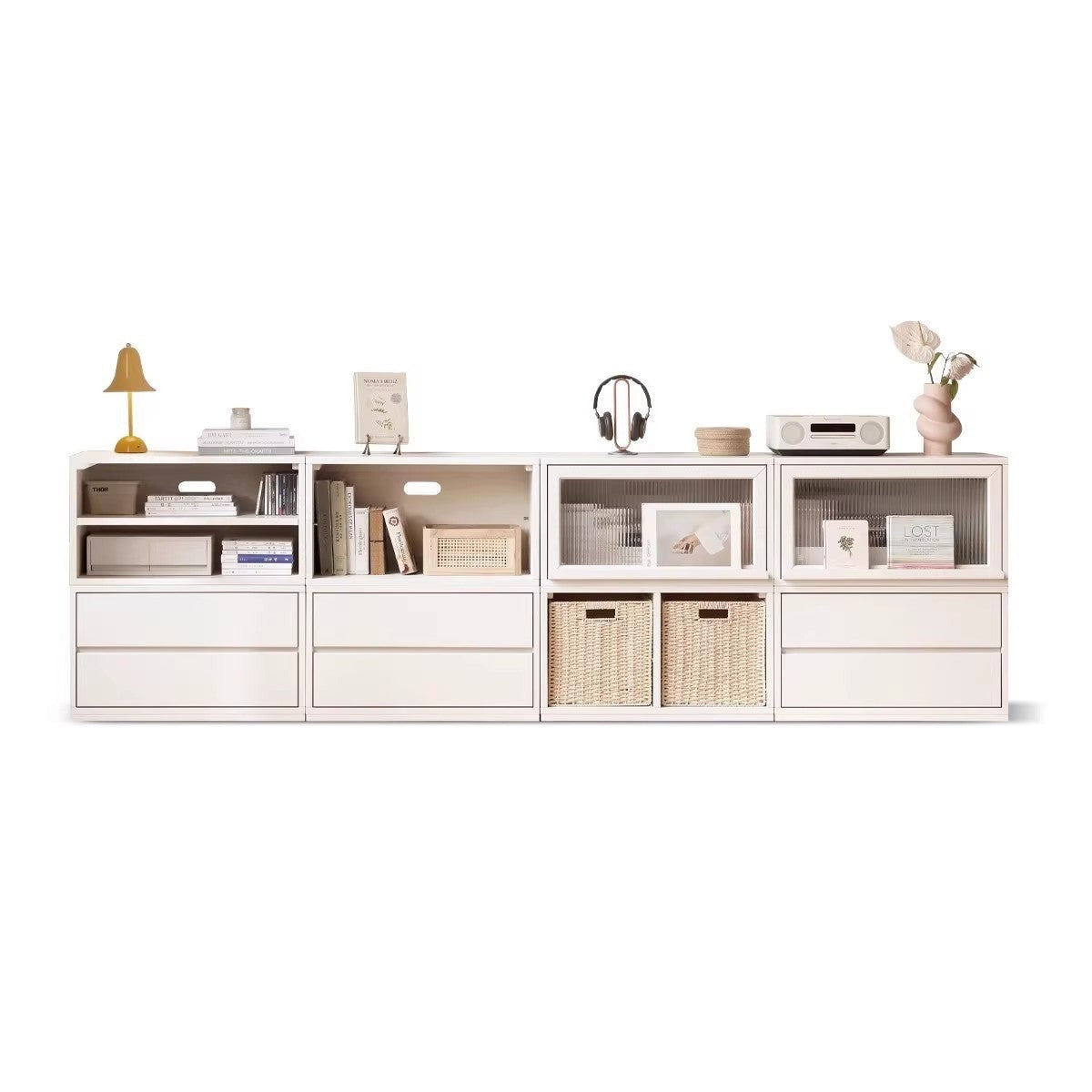 Poplar Solid Wood TV Cabinet Floor Cabinet Cream Style
