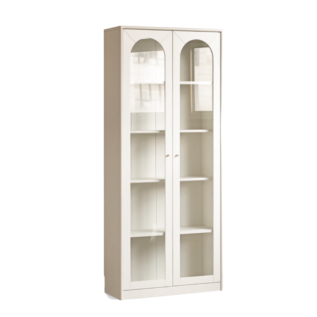 Solid RubberWood Bookcase White With Glass Door French Cream Style
