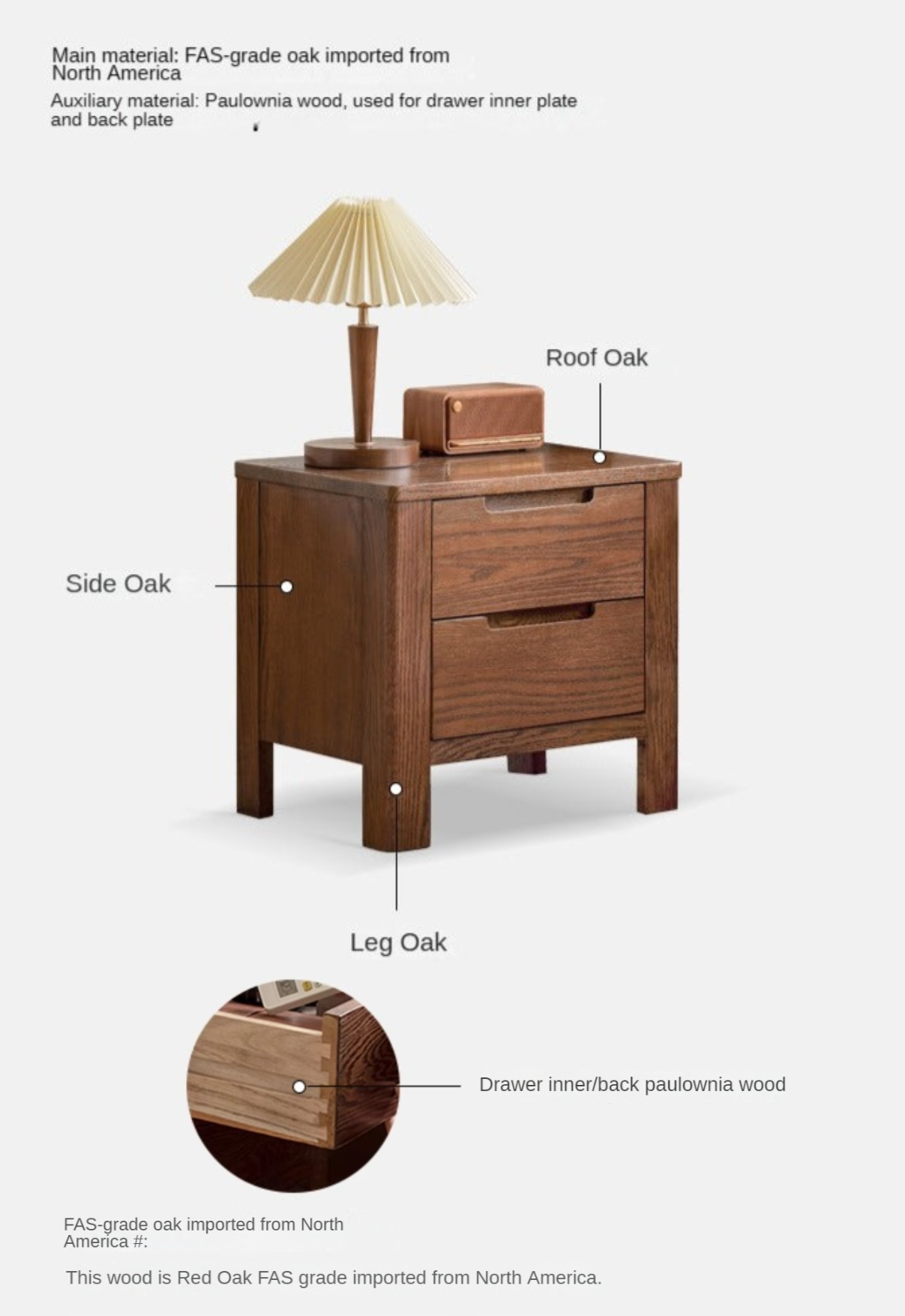 Oak Solid Wood Nordic Style Nightstand.