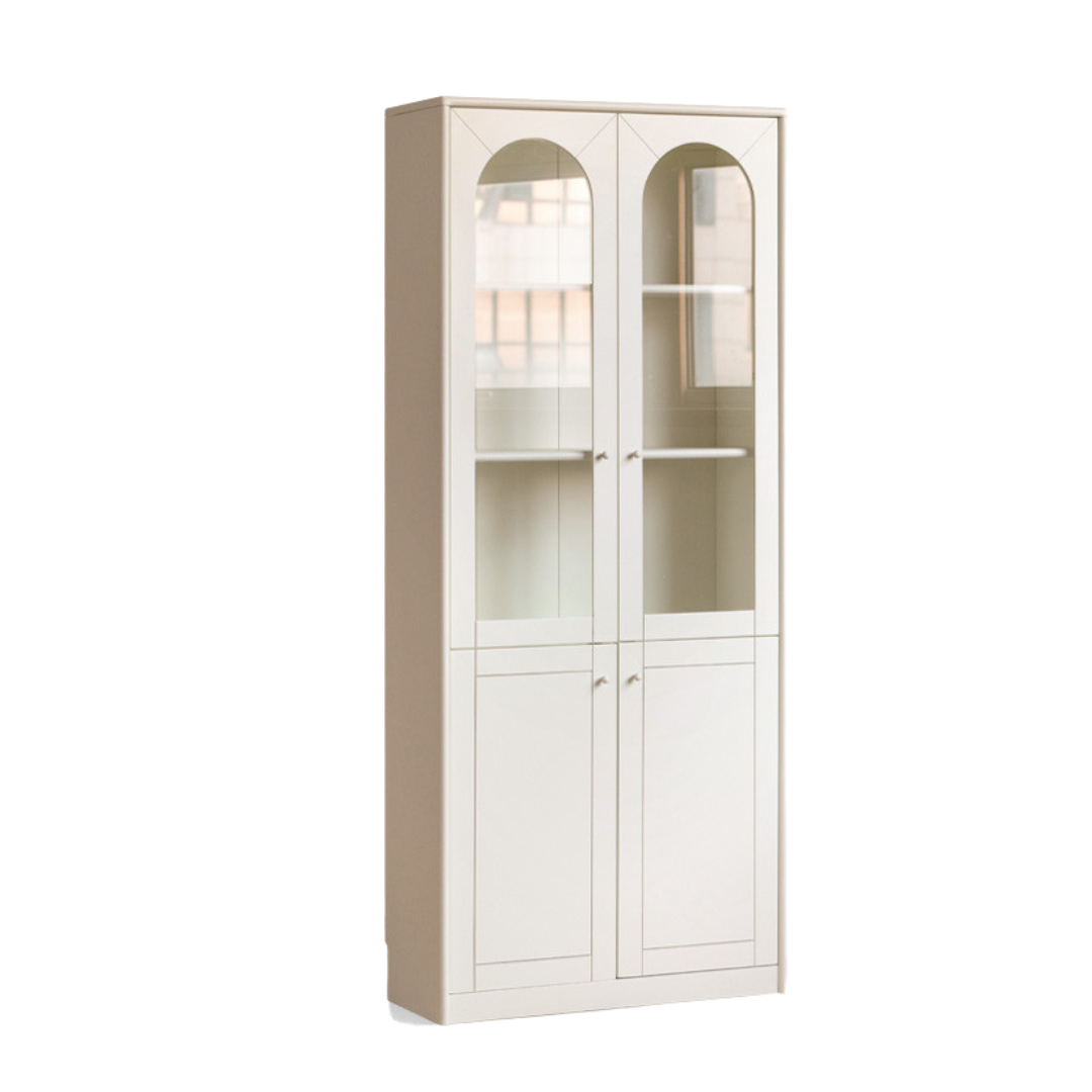 Poplar Solid Wood Bookcase White With Glass Door Whole Wall Combination French Cream Style