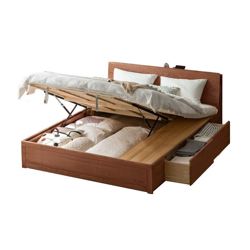 Oak, Rubberwood Solid Wood, Multifunctional Storage Box Bed