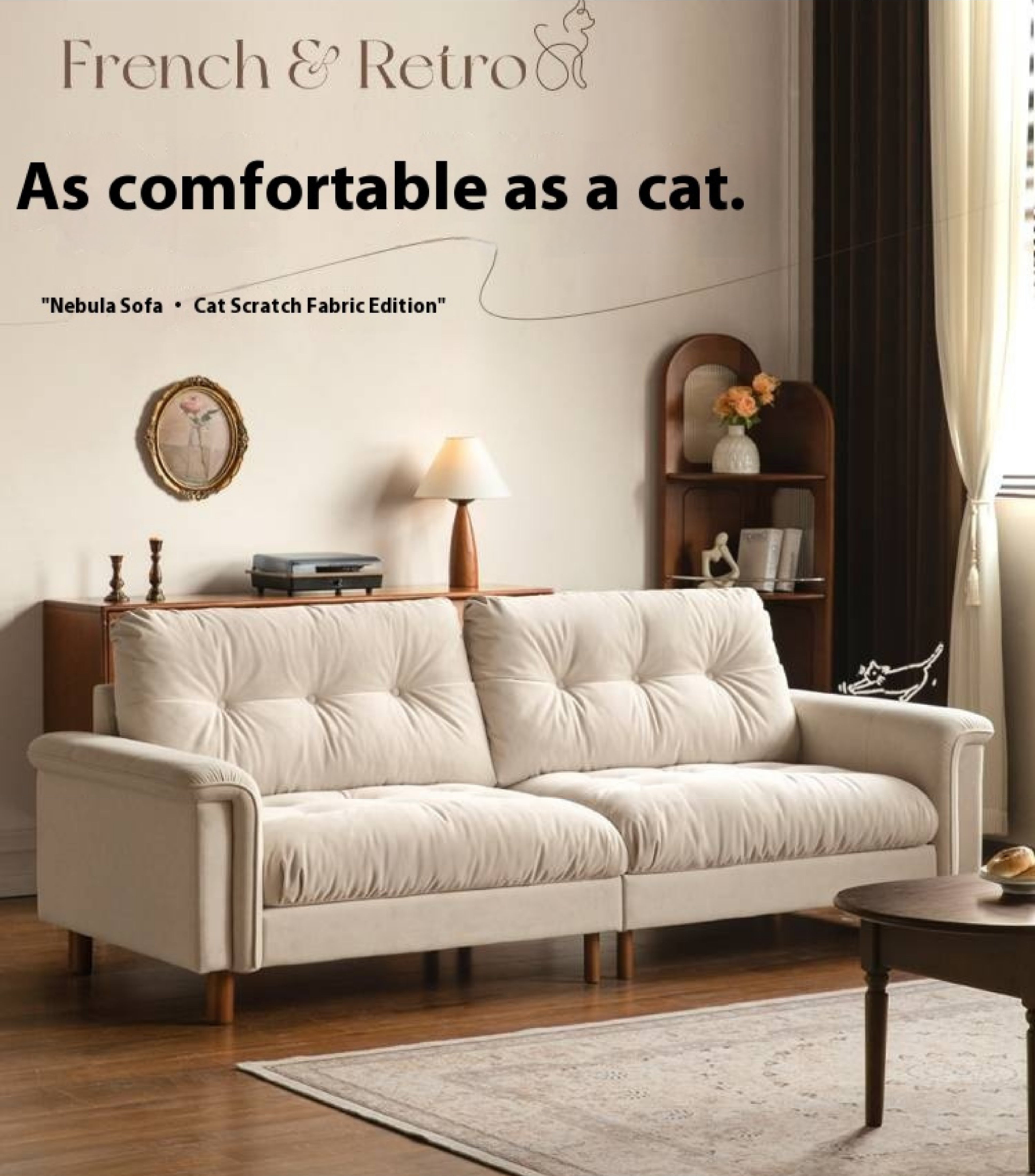 French Retro Fabric Sofa – High-Back with Pet-Friendly Scratch-Resistant Fabric