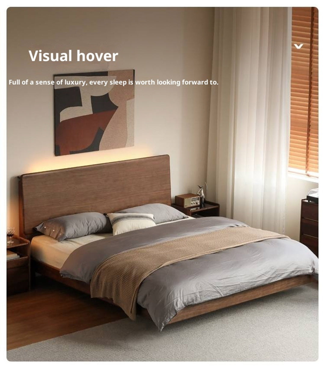 Black Walnut, Teak Solid Wood Bed with High Headboard