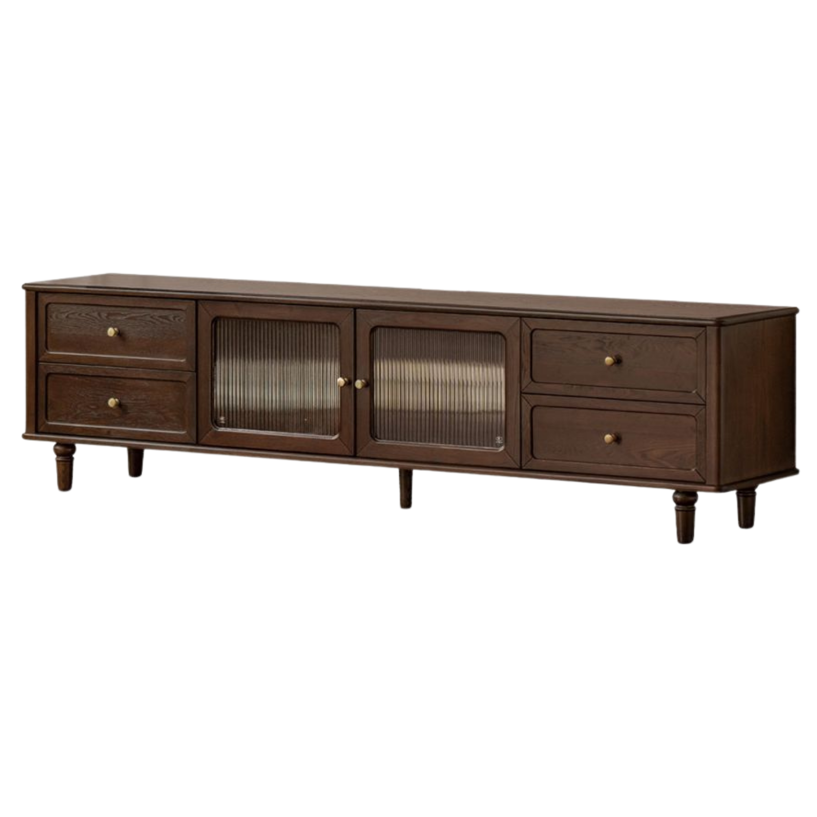 Ash Solid Wood Vintage TV Console with Fluted Glass Doors