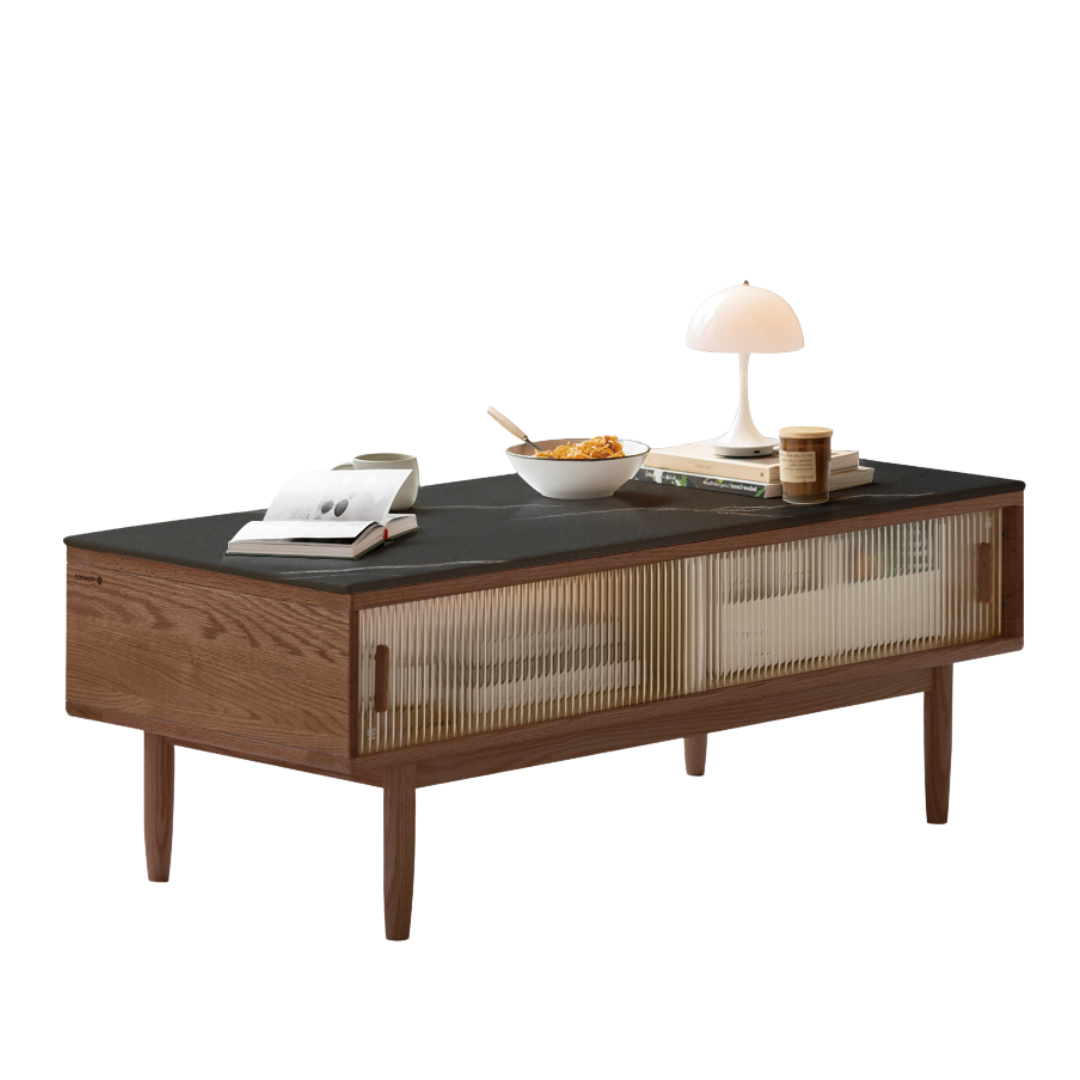 Oak, Beech, Solid Rubberwood Glass Doors Coffee Table