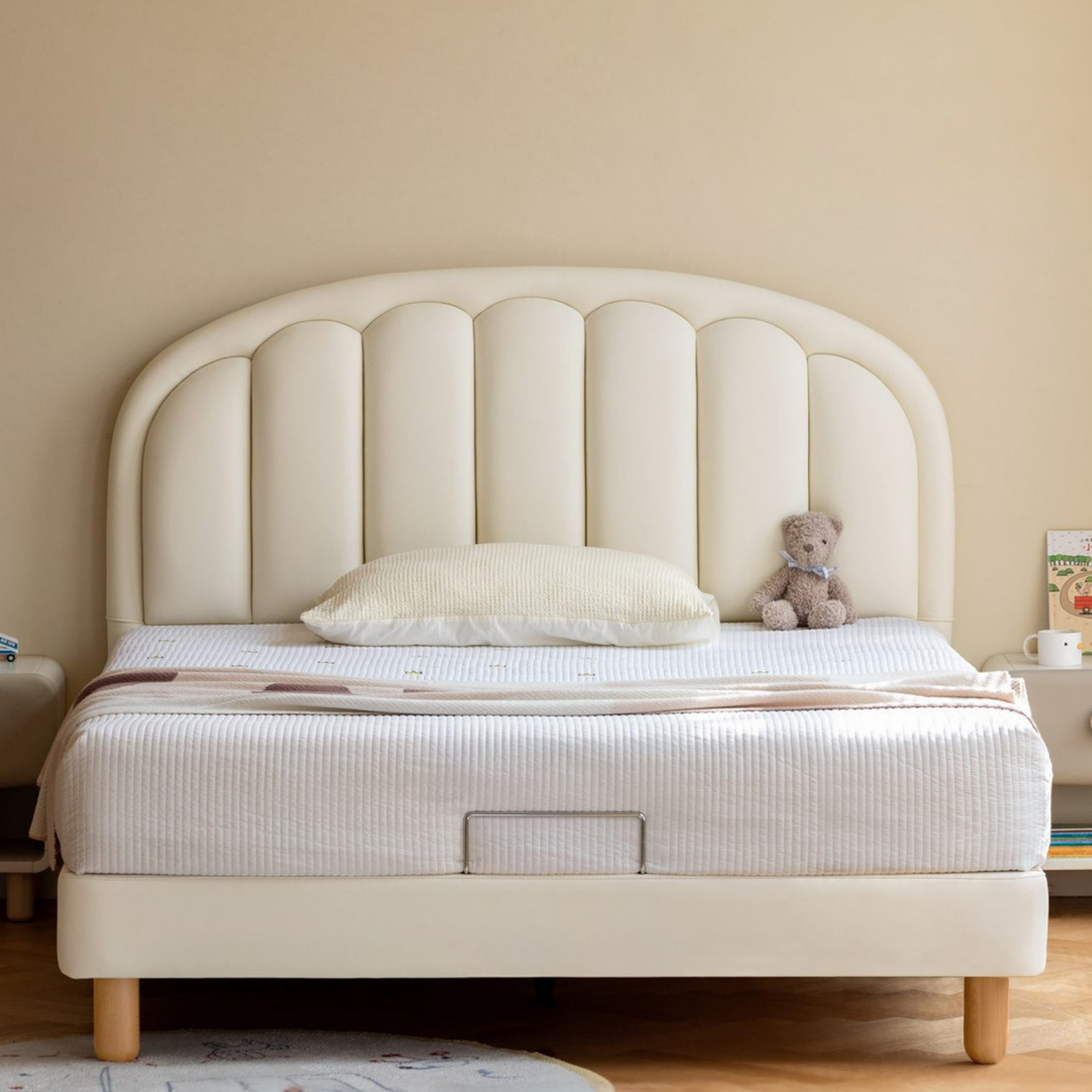 Children's Bed Modern Simple White Cream organic leather<