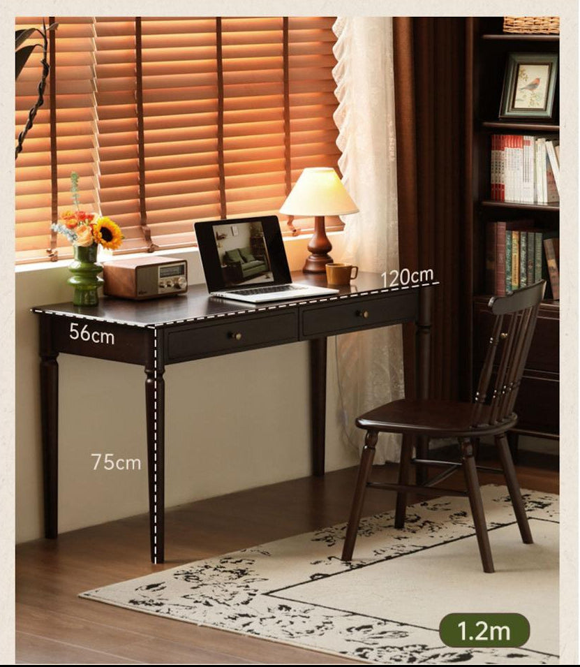 Rubberwood Solid Wood Traditional Black Desk with Tapered Legs and Drawers