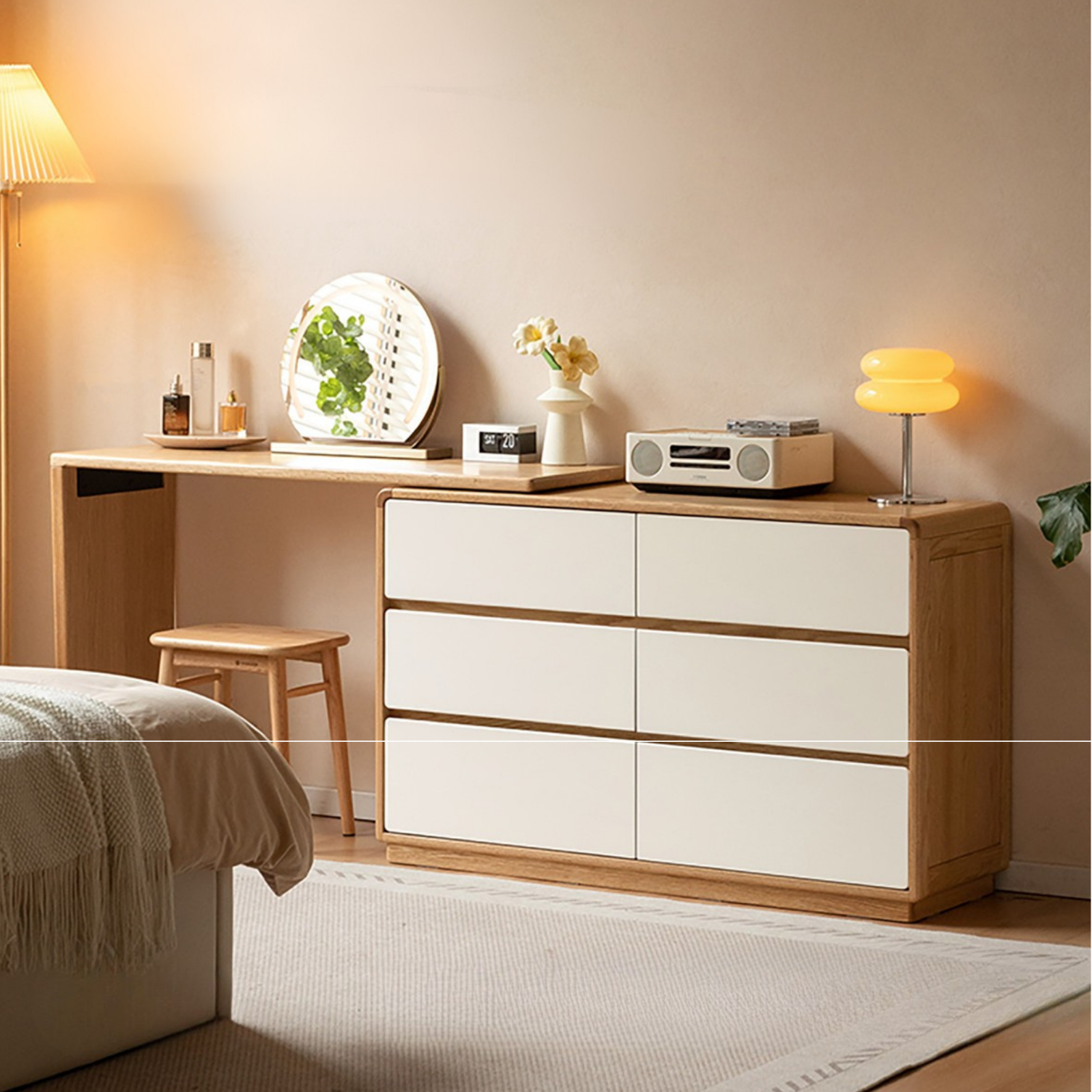 Oak Solid Wood Vanity Table & Storage Cabinet Set Cream Style